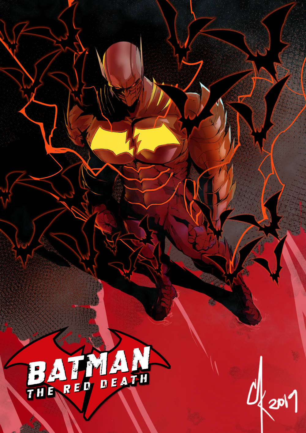Batman The Red Death 以動感姿態站立，蝙蝠在他周圍飛翔。