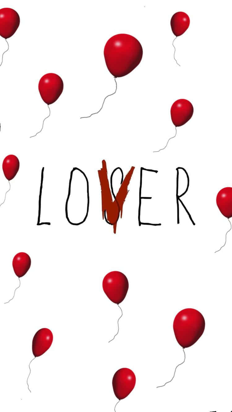 紅色氣球包圍著「LOVER」一詞，其中「V」被刮掉。