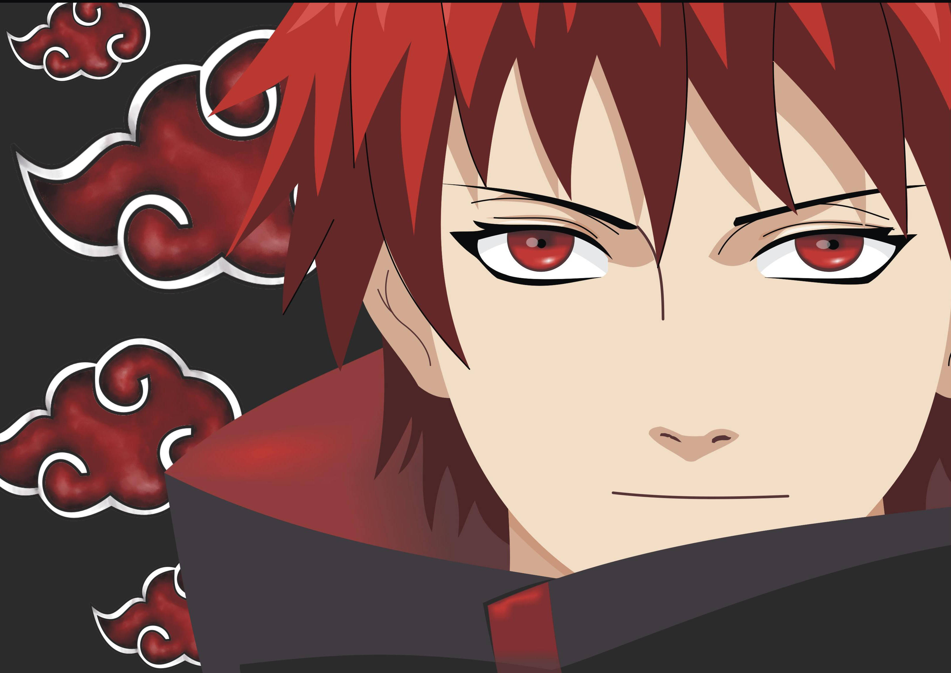 紅沙 Sasori 壁紙 — 動漫角色紅髮紅眼的特寫，背景為黑色並帶有紅色雲朵符號。
