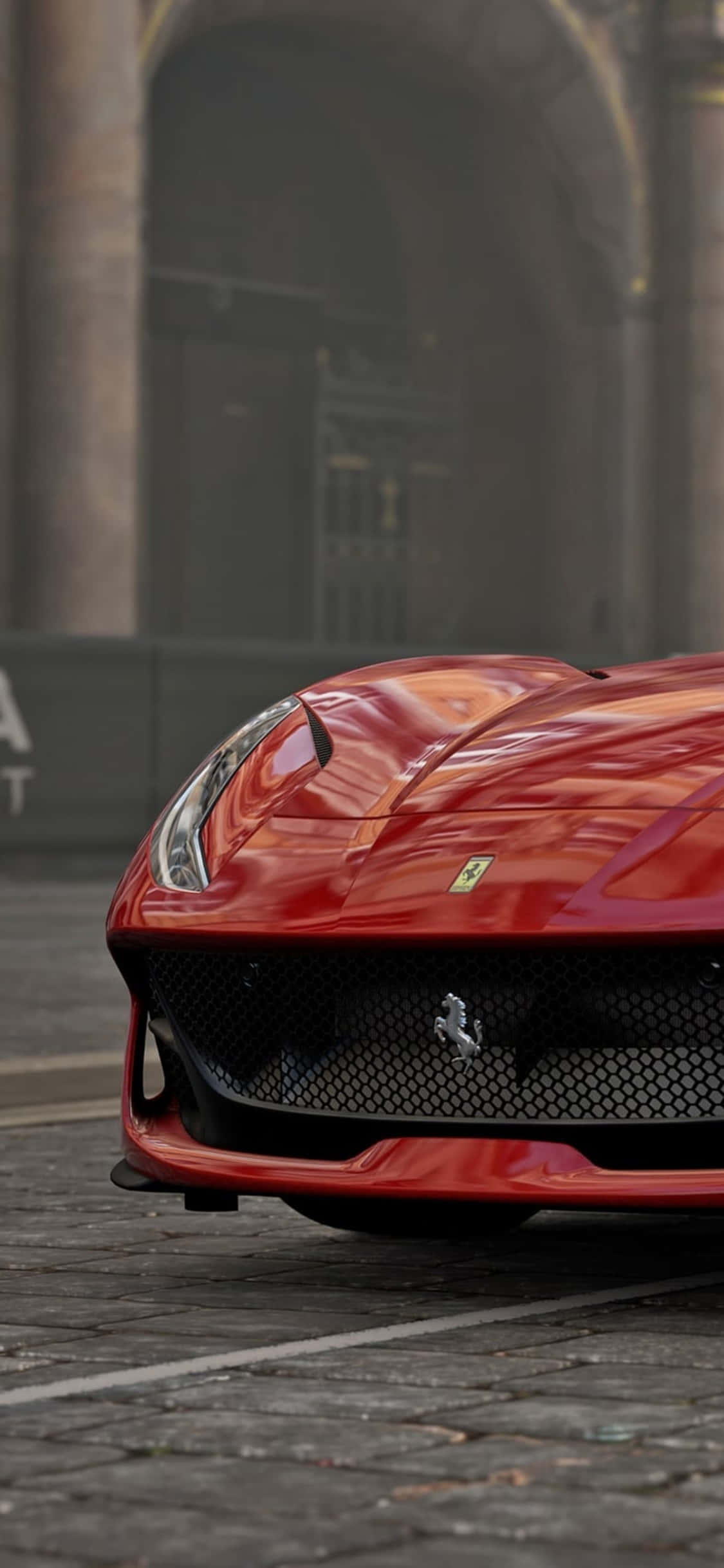 紅法拉利 iPhone X Forza Motorsport 7 背景 壁紙 — 一架亮紅色法拉利跑車停泊在石拱門下的鵝卵石街道上。