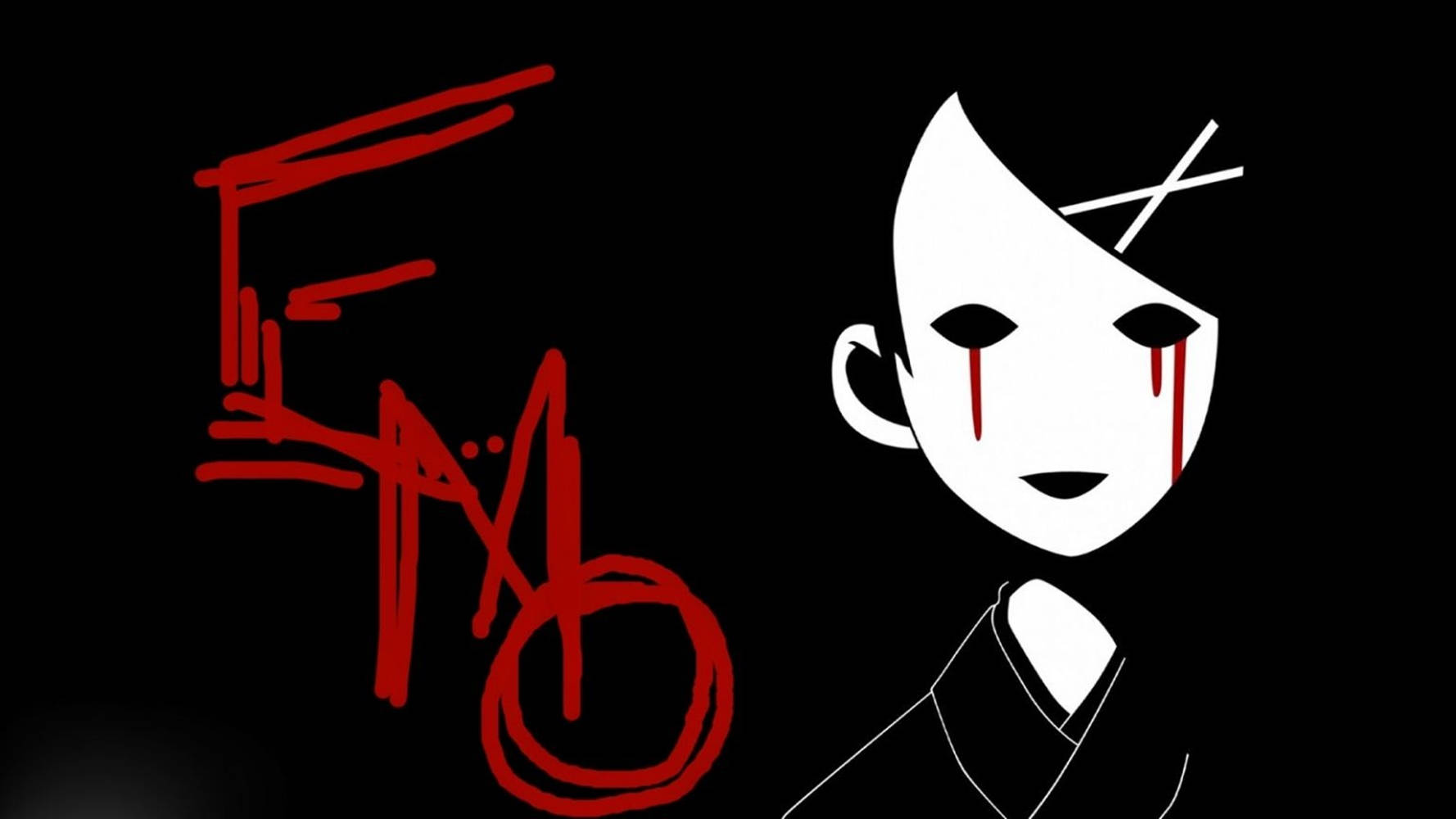 紅淚 emo 風動漫男孩 壁紙 — 一個鮮明的白色風格化臉孔，帶有紅色淚水和紅色塗鴉標籤，背景為黑色。