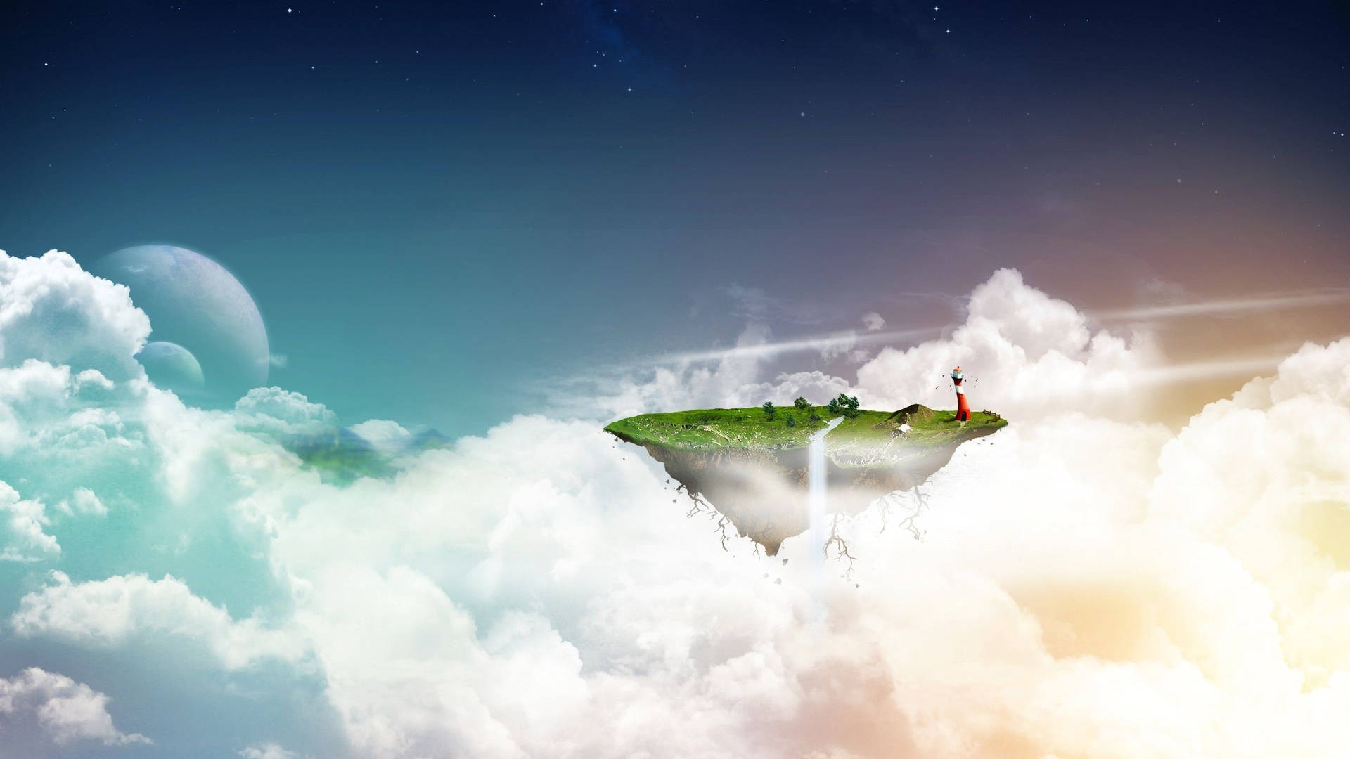 一個人在燈塔上，位於被雲和星星包圍的浮島上。