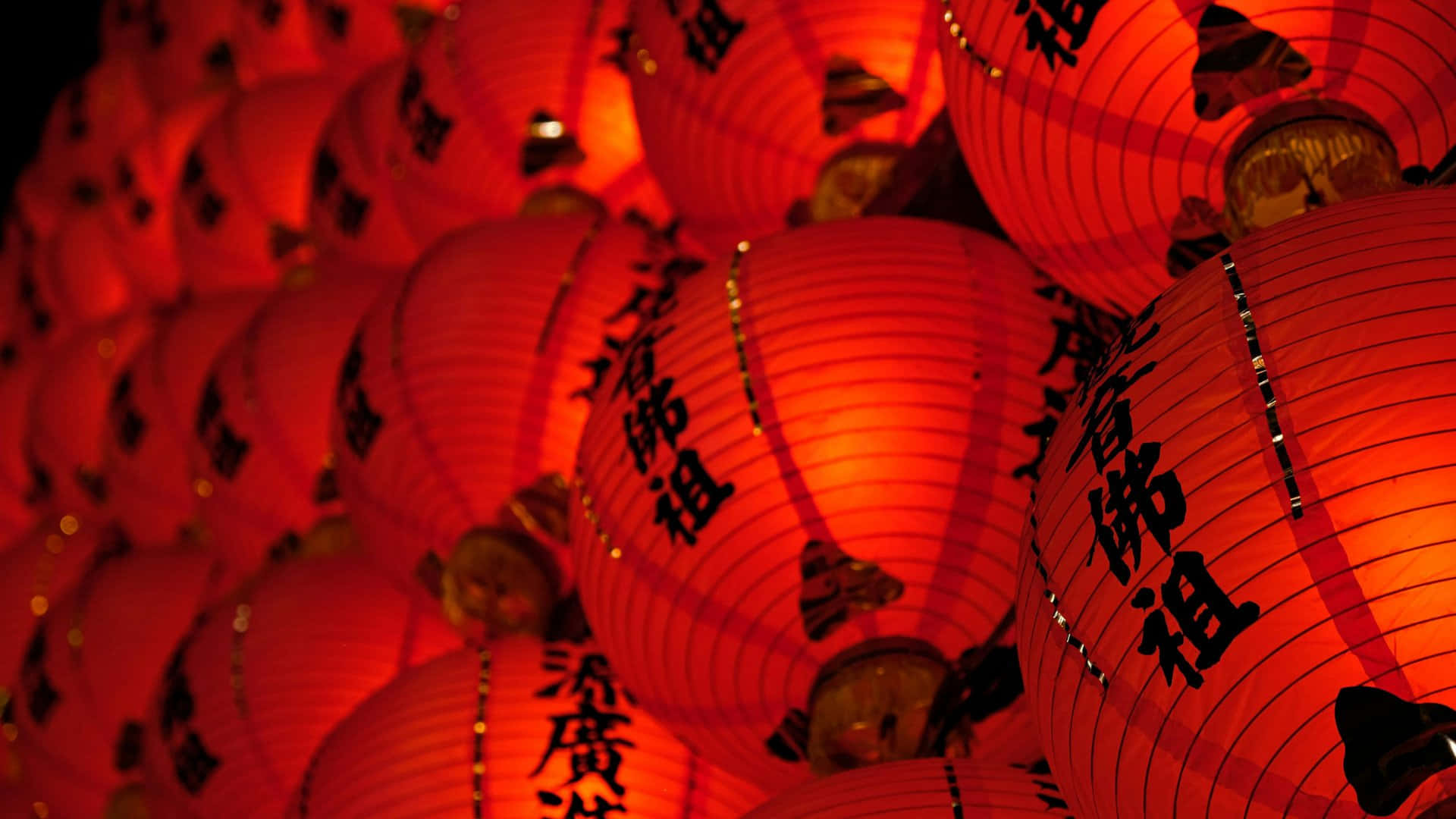 紅燈籠節燈光 壁紙 — 一簇密集的紅色紙燈籠，上面有黑色中文字，照亮了節日的夜景。
