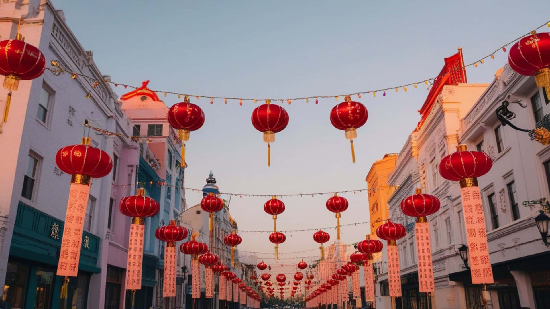 紅燈籠節街景 壁紙 — 鮮豔的紅色燈籠成排懸掛在一條色彩繽紛的街道上，街道兩旁是金色時刻的粉彩建築。
