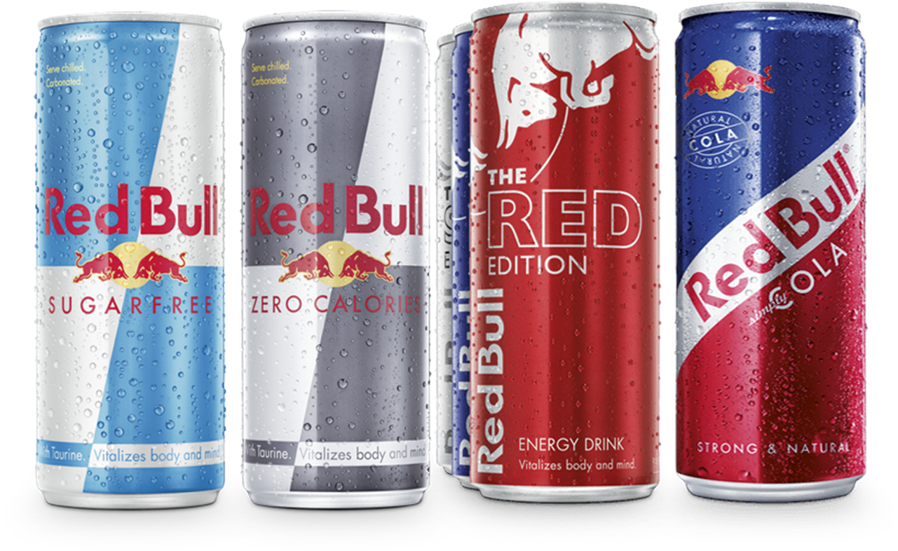 紅牛多口味組合包 壁紙 — 五罐冰凍嘅Red Bull能量飲品罐，帶有冷凝水滴，喺黑色背景上展示唔同口味。