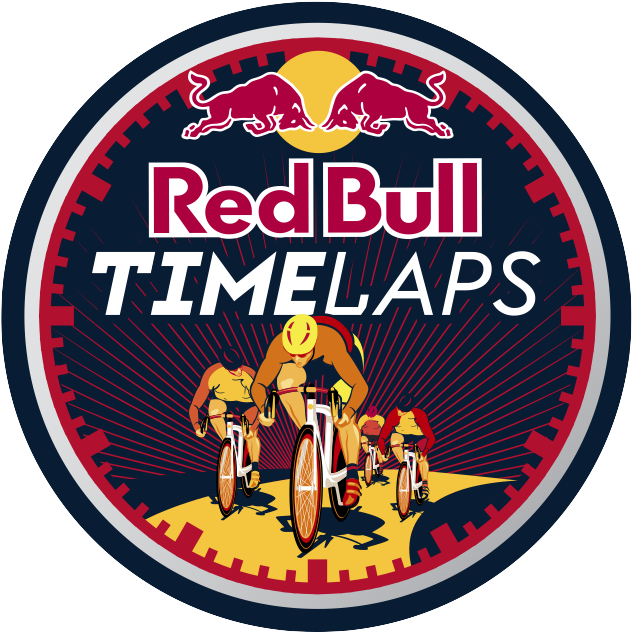 紅牛時間賽事標誌 壁紙 — Red Bull Timelaps 的大膽圖形標誌，特色是風格化的自行車手在陽光下與衝鋒的公牛競賽。