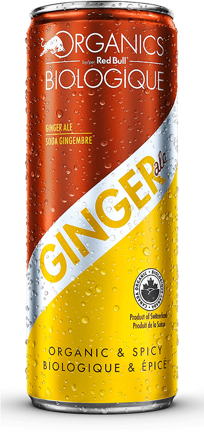 紅牛有機薑汁汽水罐 壁紙 — 一罐冰凍的Red Bull Organics薑汁汽水，帶有冷凝水滴，在黑色背景下閃閃發光。