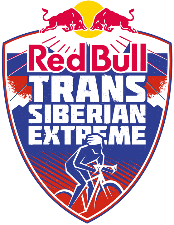 紅牛橫跨西伯利亞極限賽標誌 壁紙 — Red Bull Trans Siberian Extreme 嘅大膽盾牌標誌，特色係紅色公牛、單車手同動態條紋。