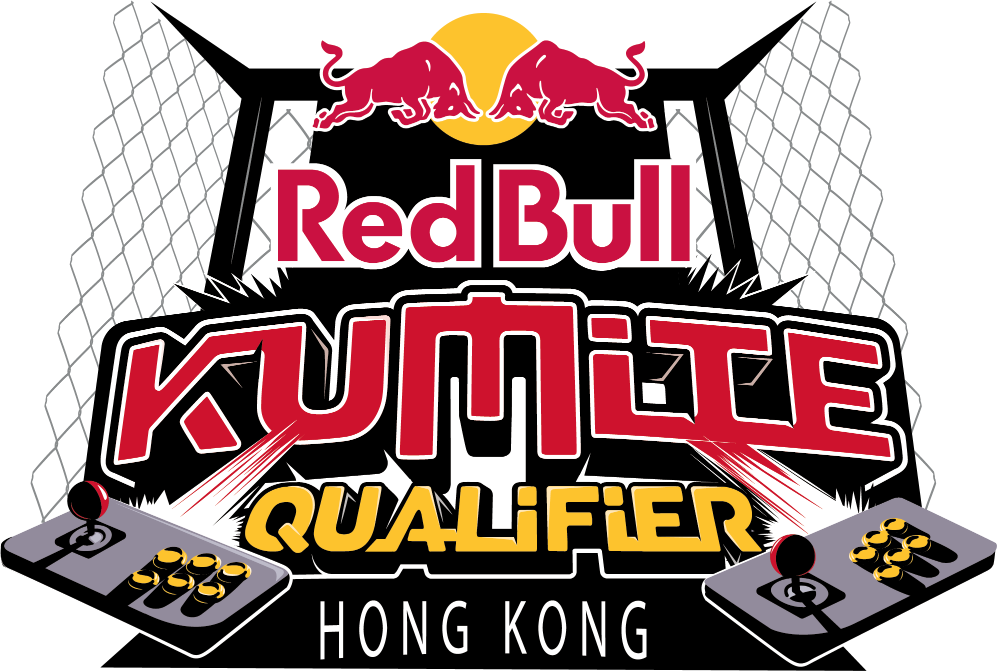 紅牛空手道資格賽 香港 壁紙 — Red Bull Kumite Qualifier Hong Kong 標誌，兩個格鬥遊戲控制器位於粗體紅色和黃色文字兩側，背景為黑色，帶有鐵絲網圖案。