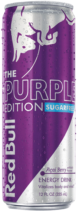 紅牛紫色版無糖罐 壁紙 — 一罐冰凍的Red Bull Purple Edition Sugarfree能量飲品，在其充滿活力的紫色和銀色表面上帶有冷凝水滴。