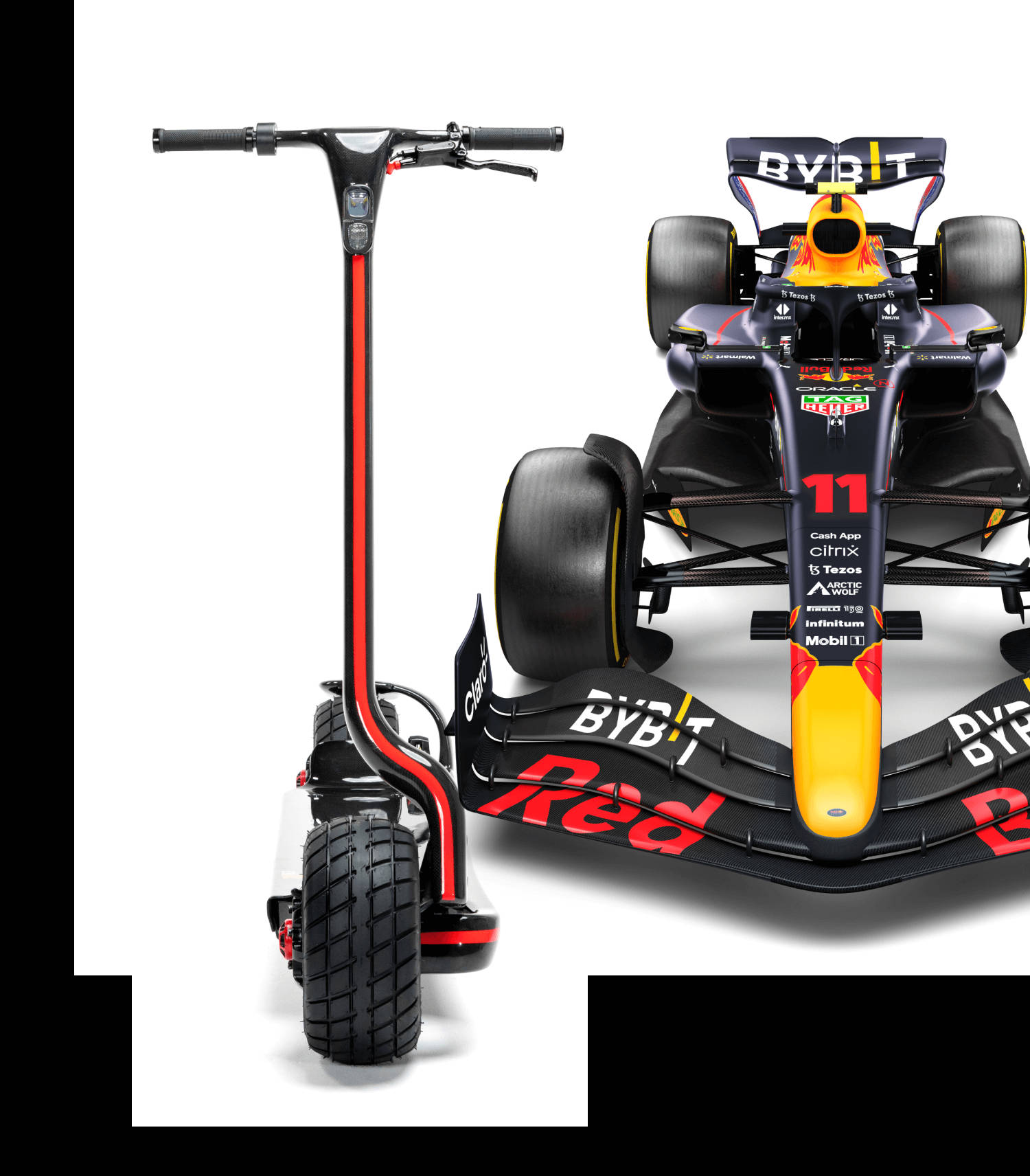 電動滑板車與Red Bull F1賽車並排於白色背景上