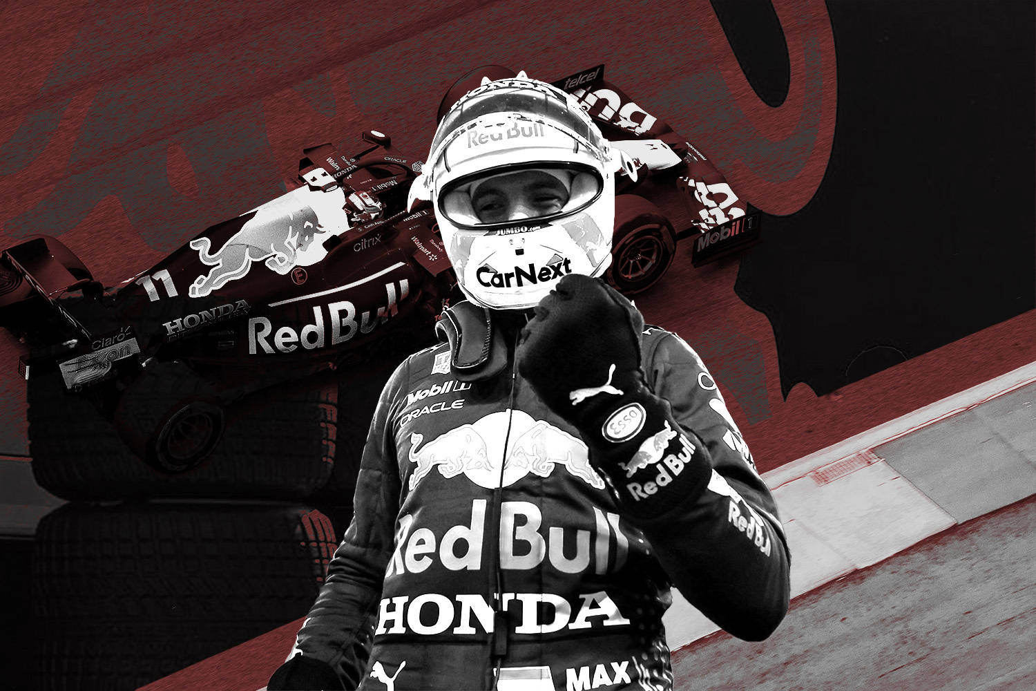 Red Bull F1車手身穿賽車服和頭盔在賽道上，身後有賽車。