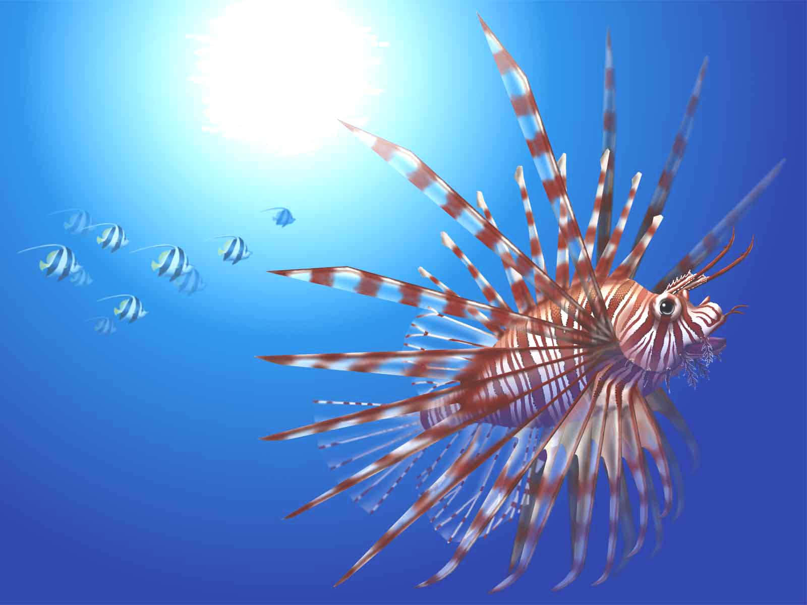 紅獅魚於陽光海中 壁紙 — 一條色彩鮮豔、帶有紅白條紋的獅子魚在清澈的藍色海水中優雅地游動，陽光從上方照射下來，附近有小條紋魚穿梭。