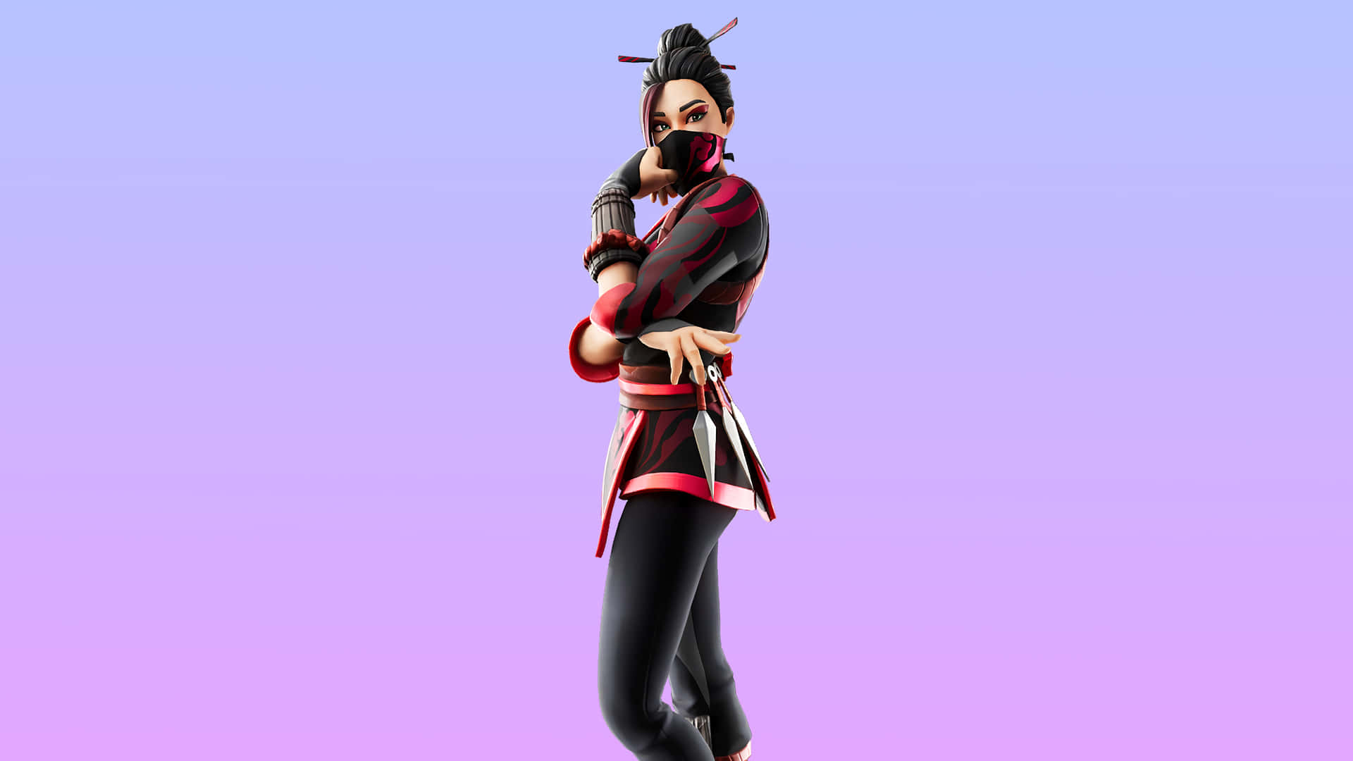 Fortnite 忍者角色身穿紅黑盔甲，在紫色漸變背景前擺姿勢