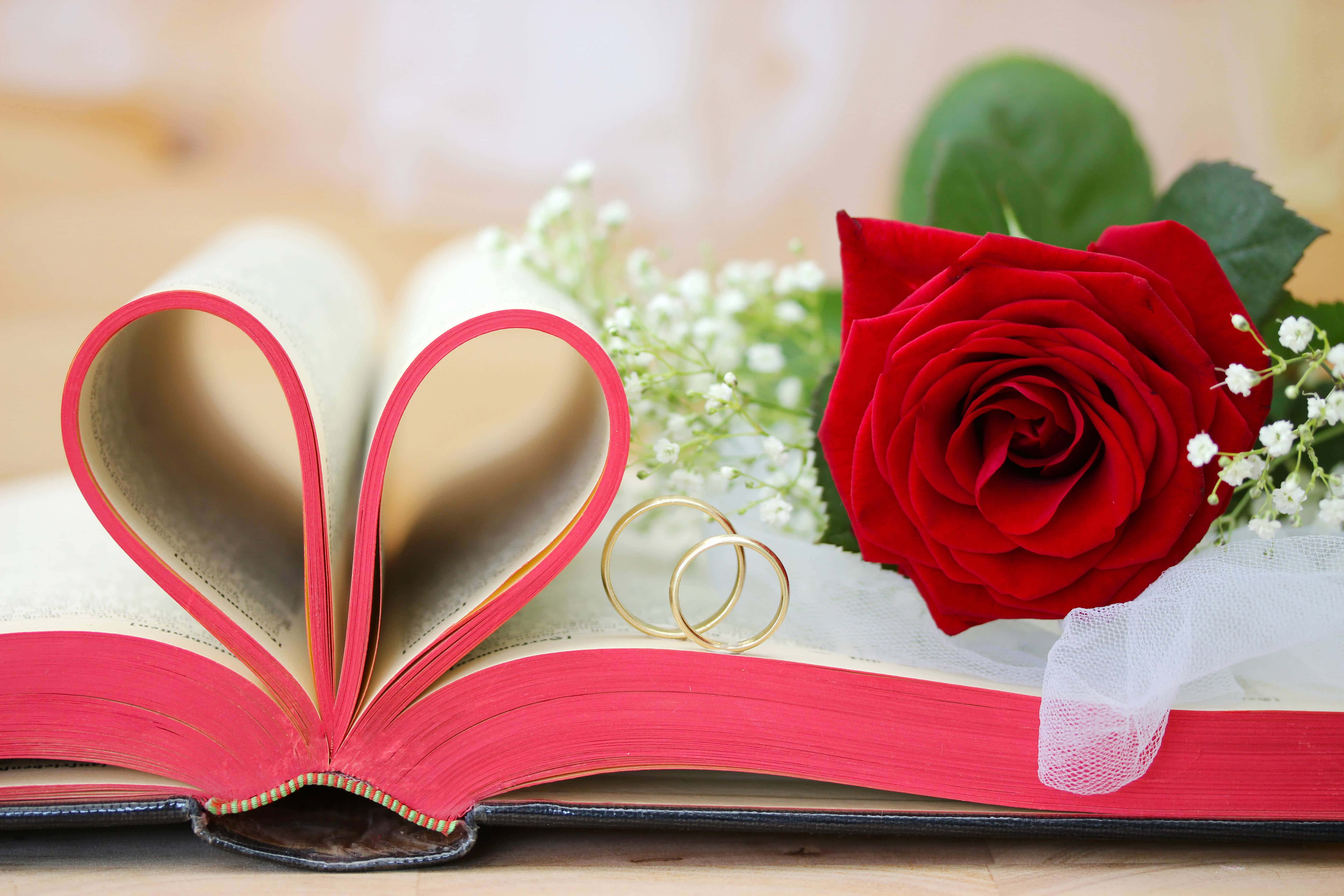 紅玫瑰與書本婚禮背景 壁紙 — 一朵紅玫瑰和金色結婚戒指放在木質表面上的一本心形打開的書旁邊。