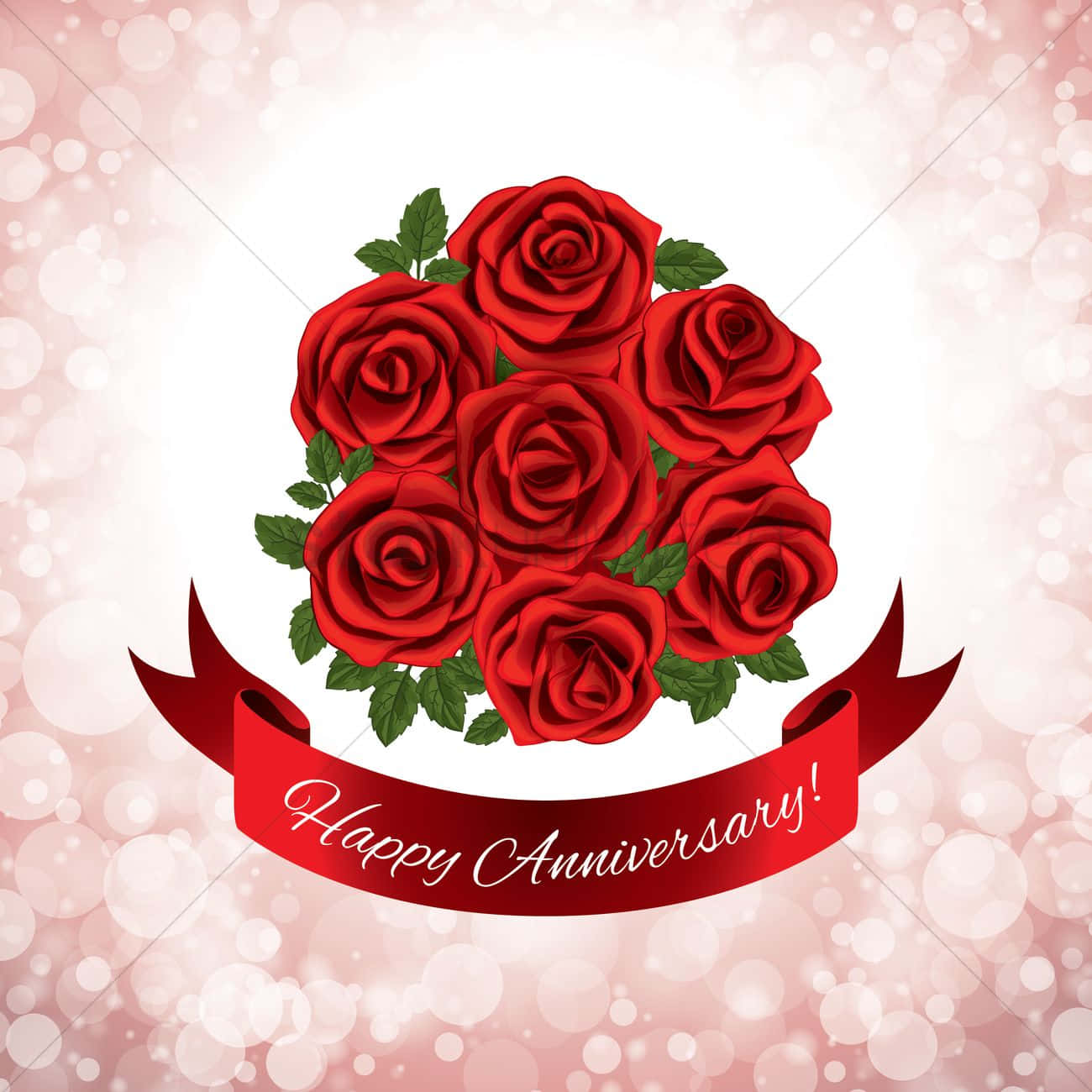 紅玫瑰配綠葉放在一條寫著Happy Anniversary的絲帶上，背景是粉紅色閃爍的。