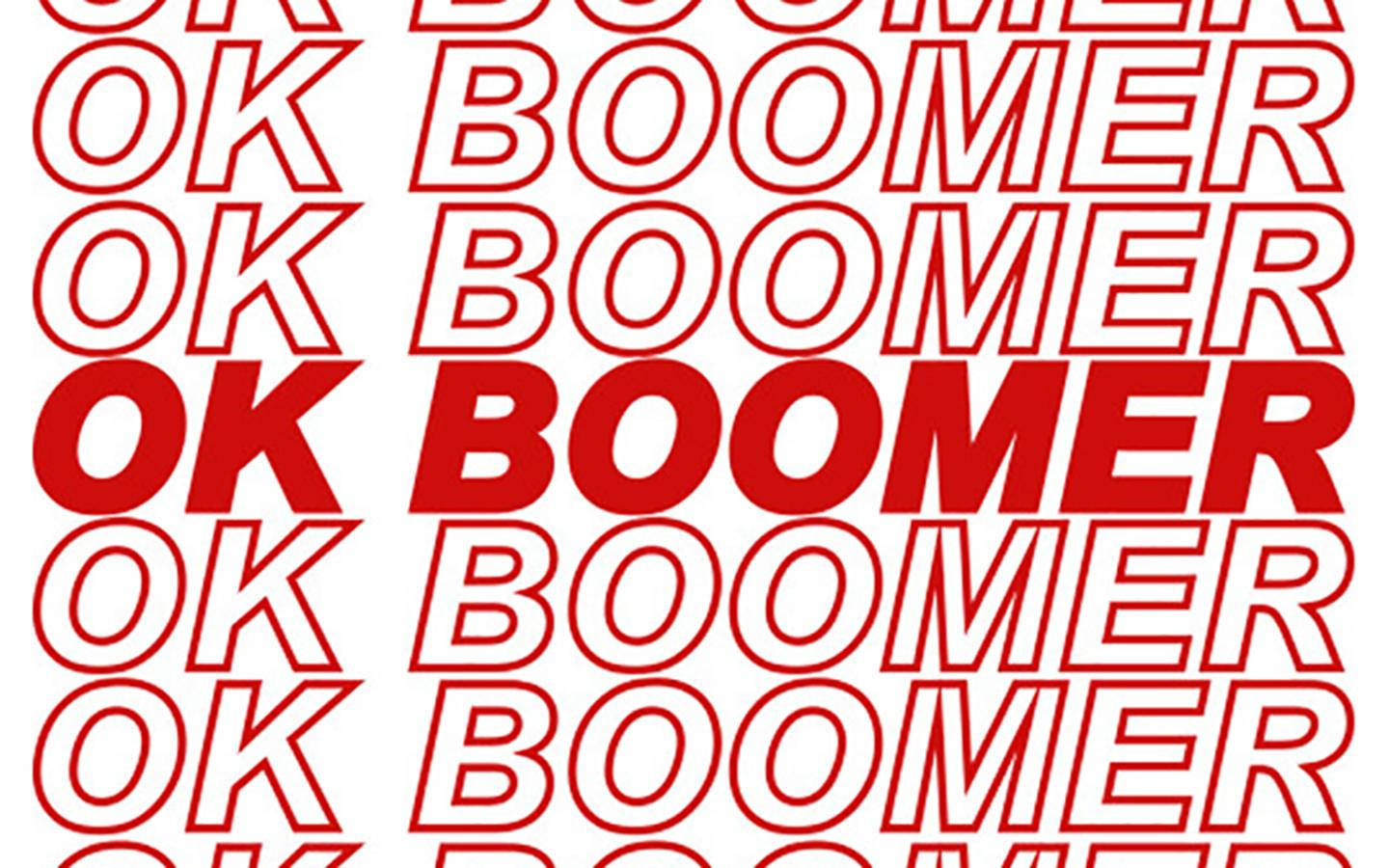 紅色外框的 OK BOOMER 文字在白色背景上以網格圖案重複。
