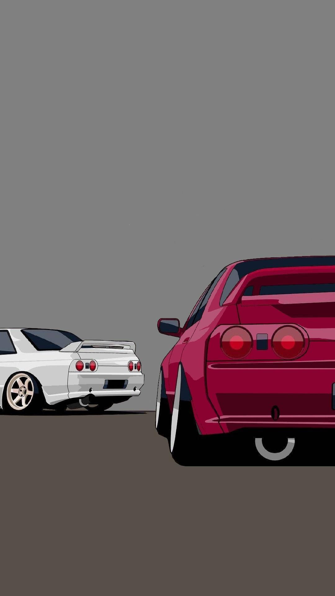 兩輛紅色和白色的日產Skyline GT-R在風格化的動漫插圖中相對而立。