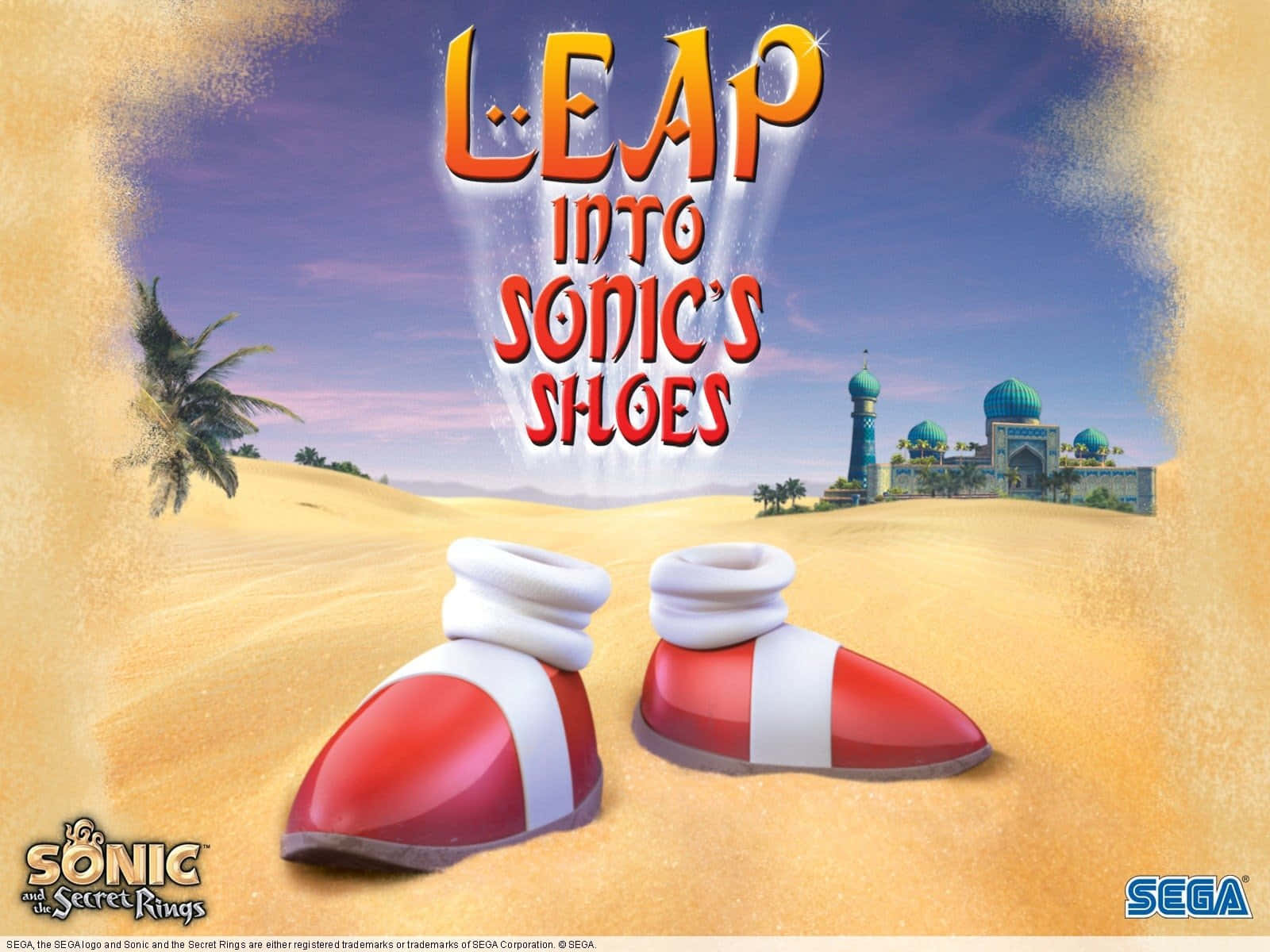 Sonic And The Secret Rings 桌布 壁紙 — 紅白波鞋放在沙漠沙丘上，遠處有宮殿和棕櫚樹，天空暮色蒼茫。