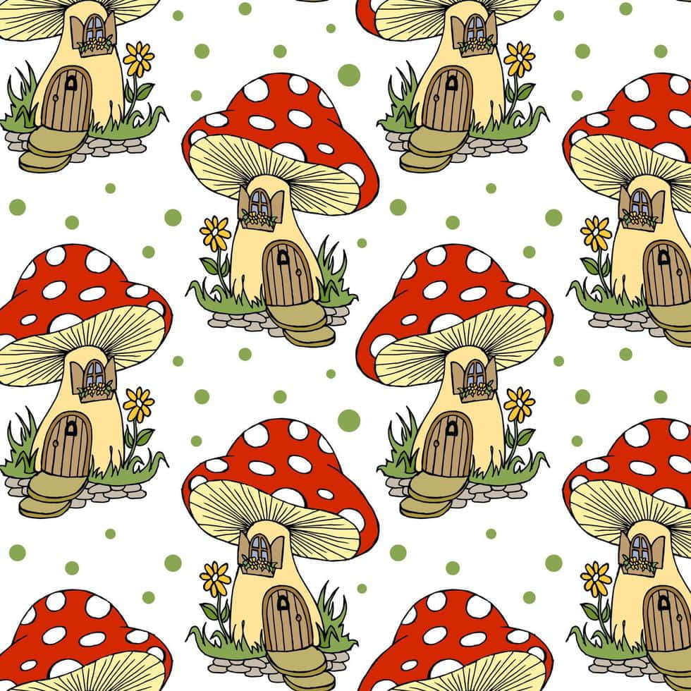 Kawaii Mushroom 桌布 壁紙 — 紅白波點蘑菇屋，配有木門和窗戶，坐落在綠色草地上，帶有黃色花朵，背景為波點圖案。