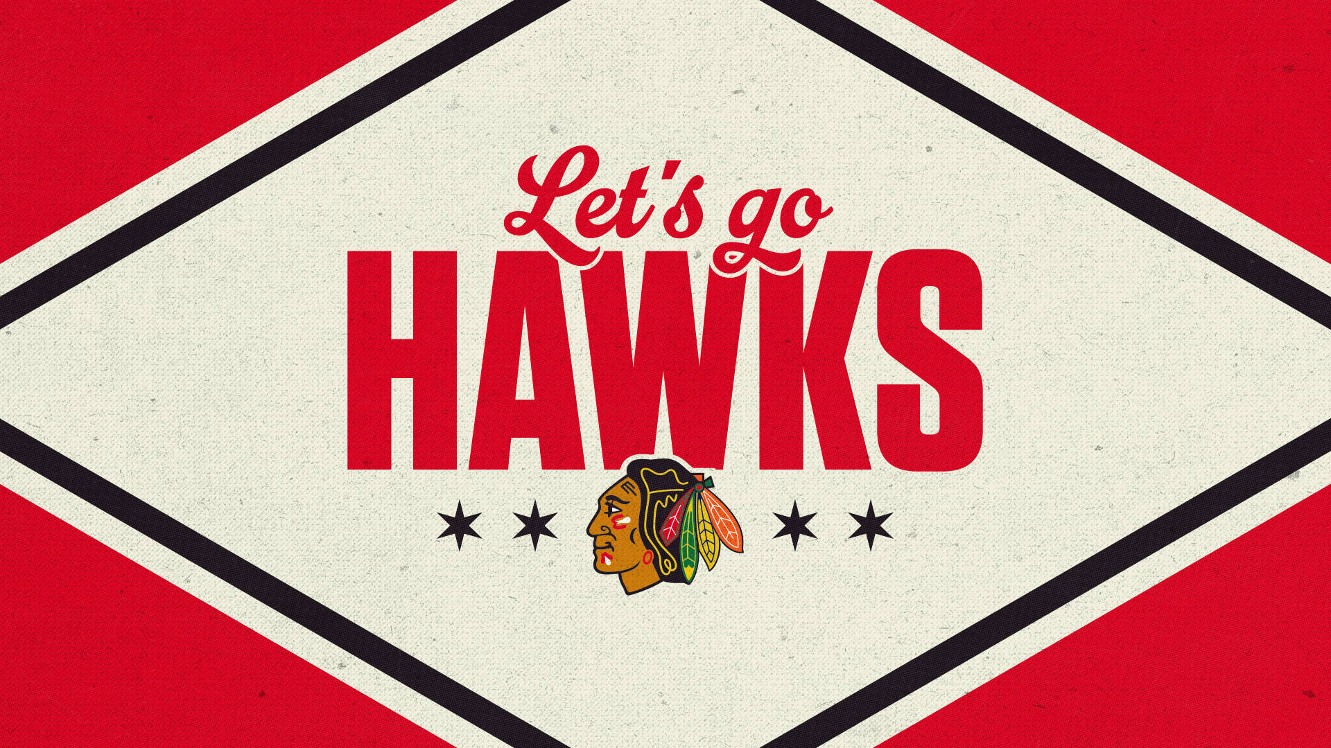 芝加哥黑鷹隊體育隊伍標誌，帶有「Let's go HAWKS」文字，採用紅色和奶油色鑽石設計。