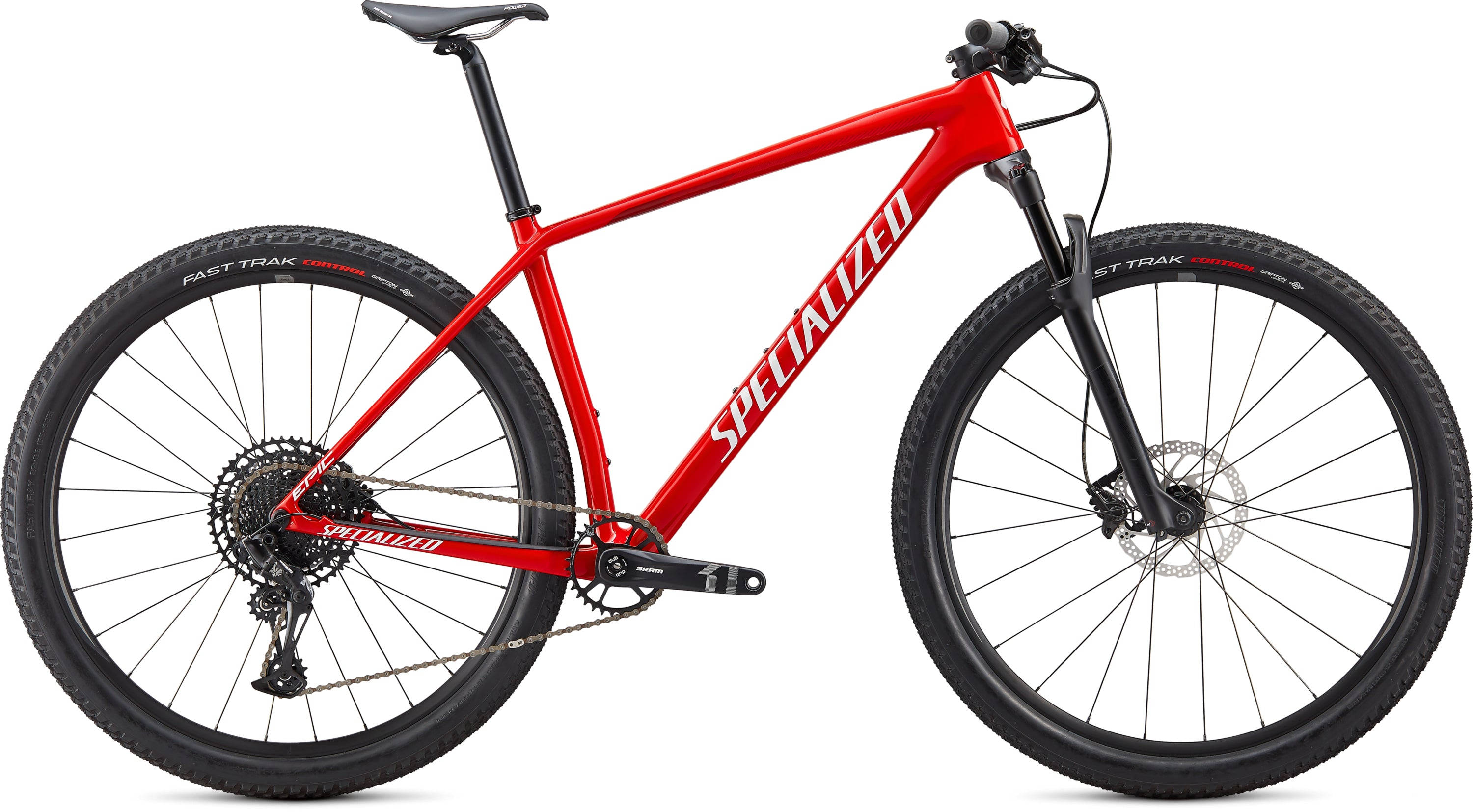 紅白配色Specialized自行車 壁紙 — 一輛鮮紅色的Specialized山地自行車，配備黑色輪胎和流線型車架設計，在工作室燈光下展示。