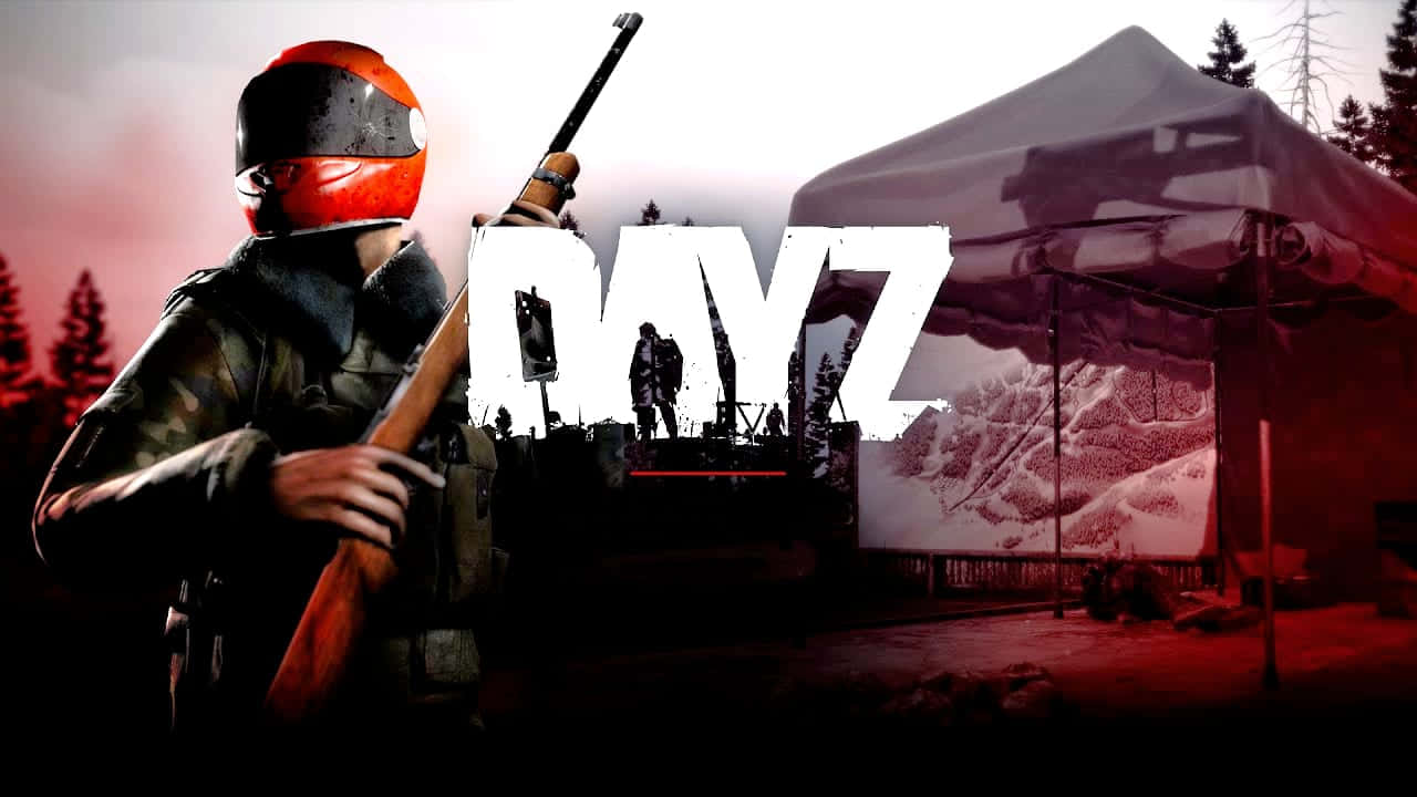 黃昏時分，士兵在積雪的森林中靠近帳篷手持步槍，帶有 DAYZ 標誌。