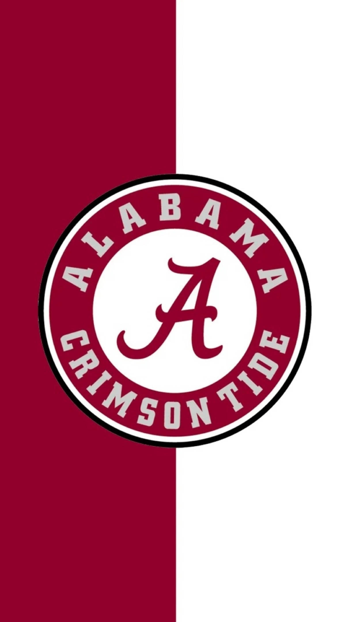紅白阿拉巴馬紅潮隊 壁紙 — 一個大膽的 Alabama Crimson Tide 標誌，居中於分為深紅色和白色的背景上。