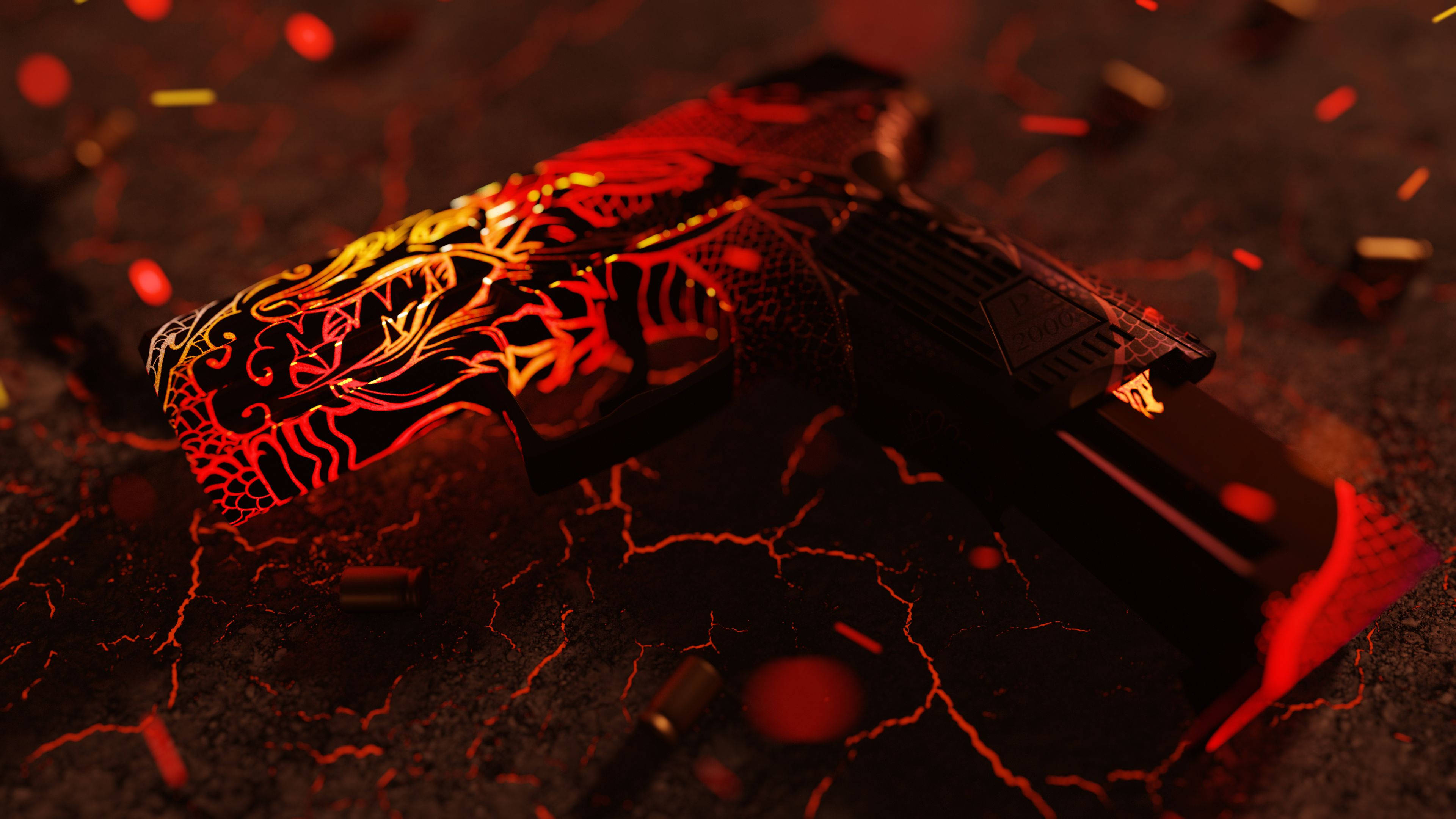 紅皮P2000 4K CS:GO 壁紙 — 一把帶有發光紅金龍紋的手槍，躺在龜裂的大地上，四周漂浮著餘燼和用過的彈殼。