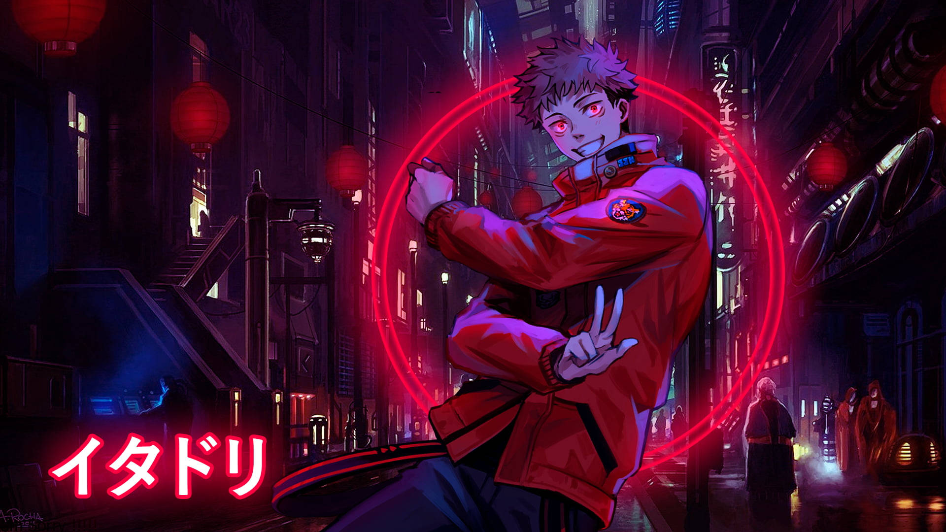 紅眼動漫《咒術迴戰》壁紙 壁紙 — 一個刺蝟頭動漫男孩穿著紅色外套，自信地站在霓虹燈閃爍的賽博朋克小巷中，周圍有發光的紅色燈籠和一個發光的紅色圓圈。