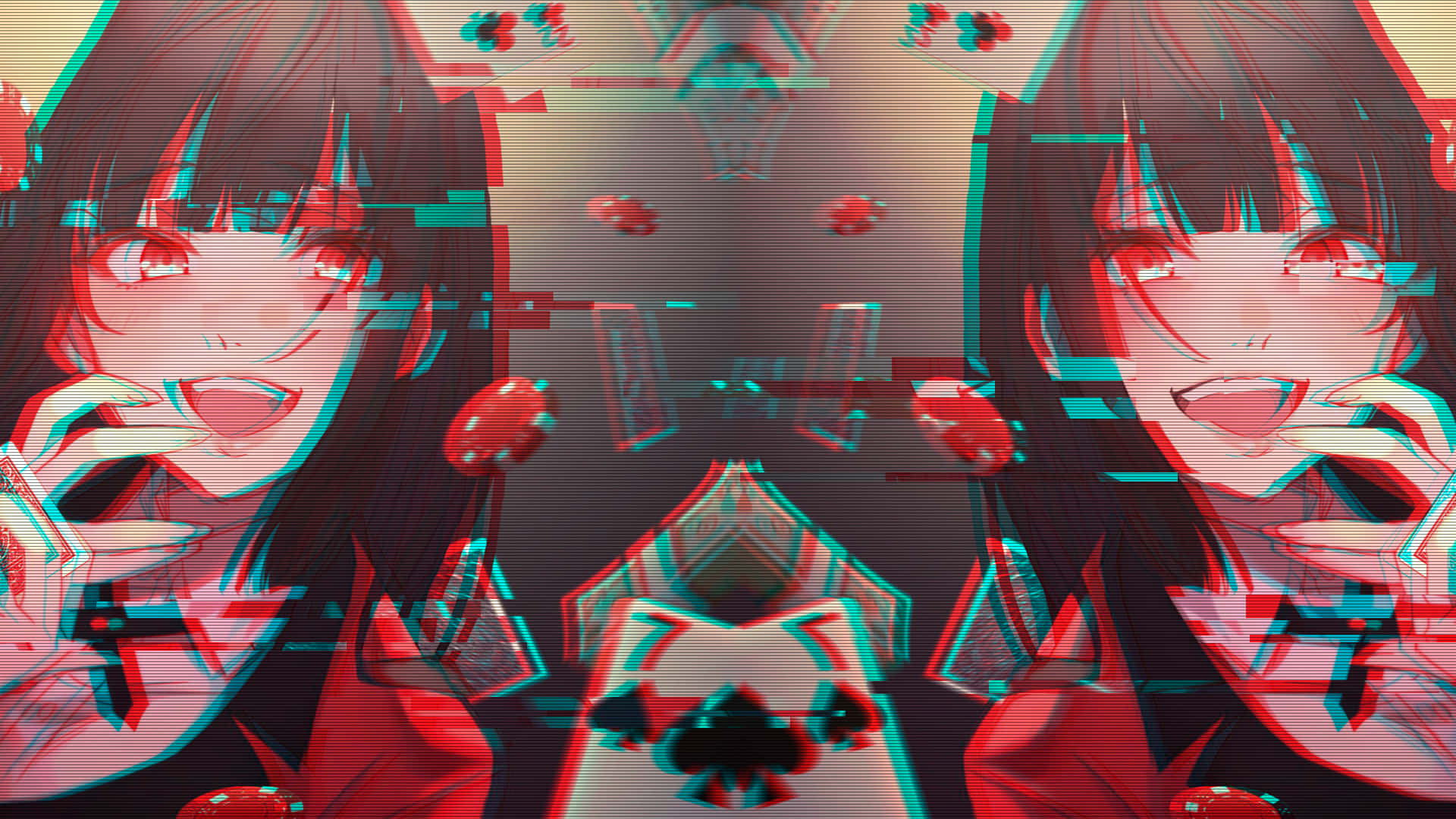 Kakegurui 桌布 壁紙 — 紅眼動漫女孩帶有故障效果，在扭曲的數碼場景中手持撲克牌。