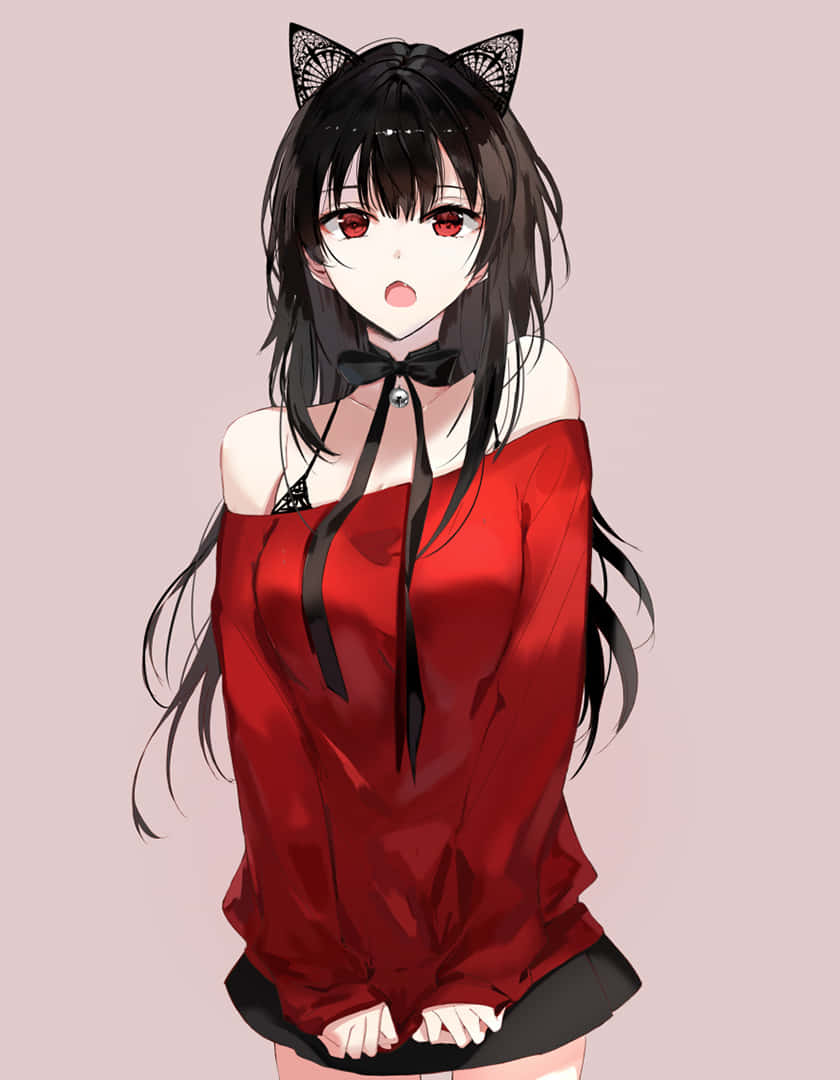 擁有貓耳和紅色眼睛的動漫女孩穿著紅色露肩上衣。 — 動漫女孩 壁紙