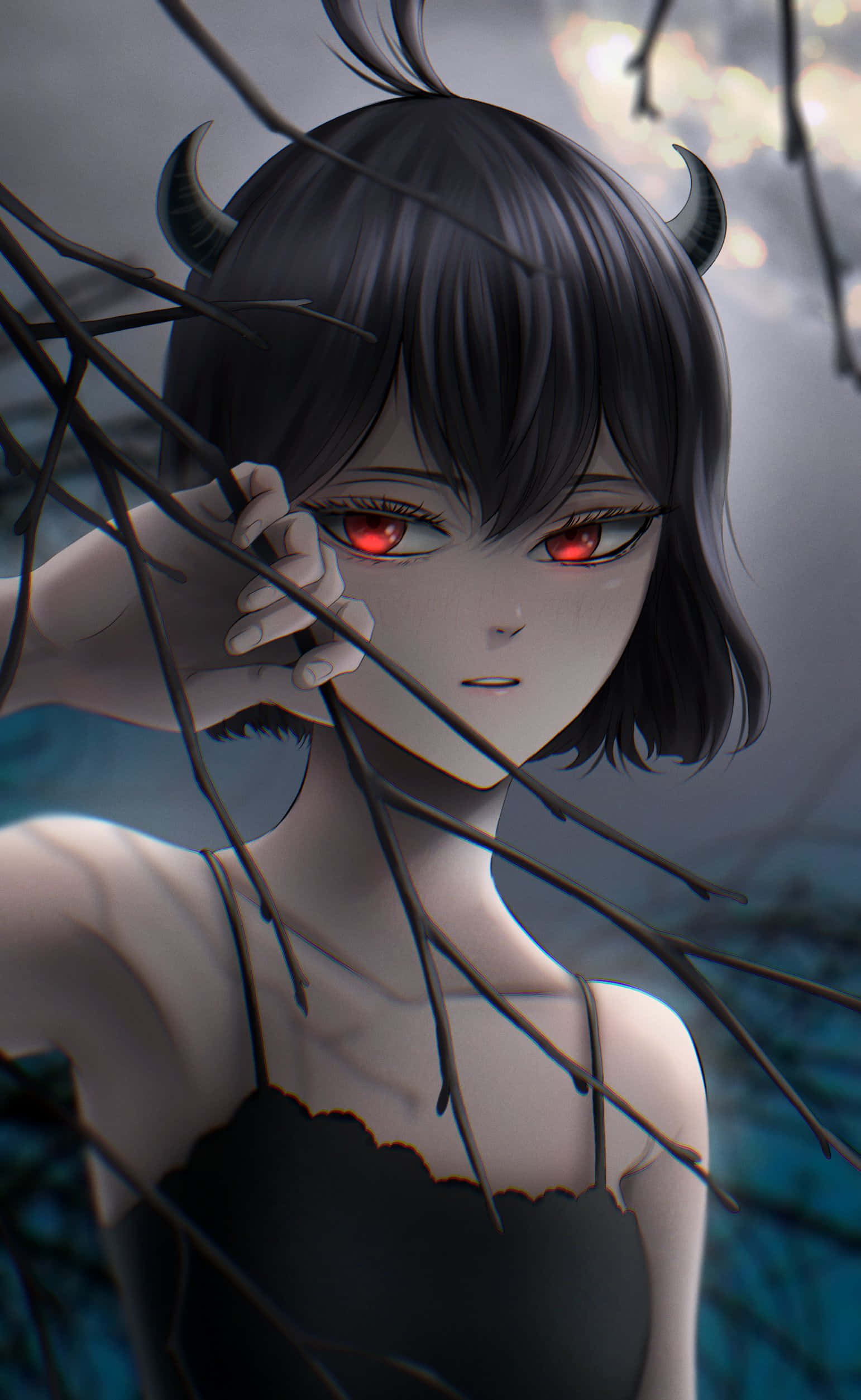 紅眼有角的女孩站在樹上 壁紙