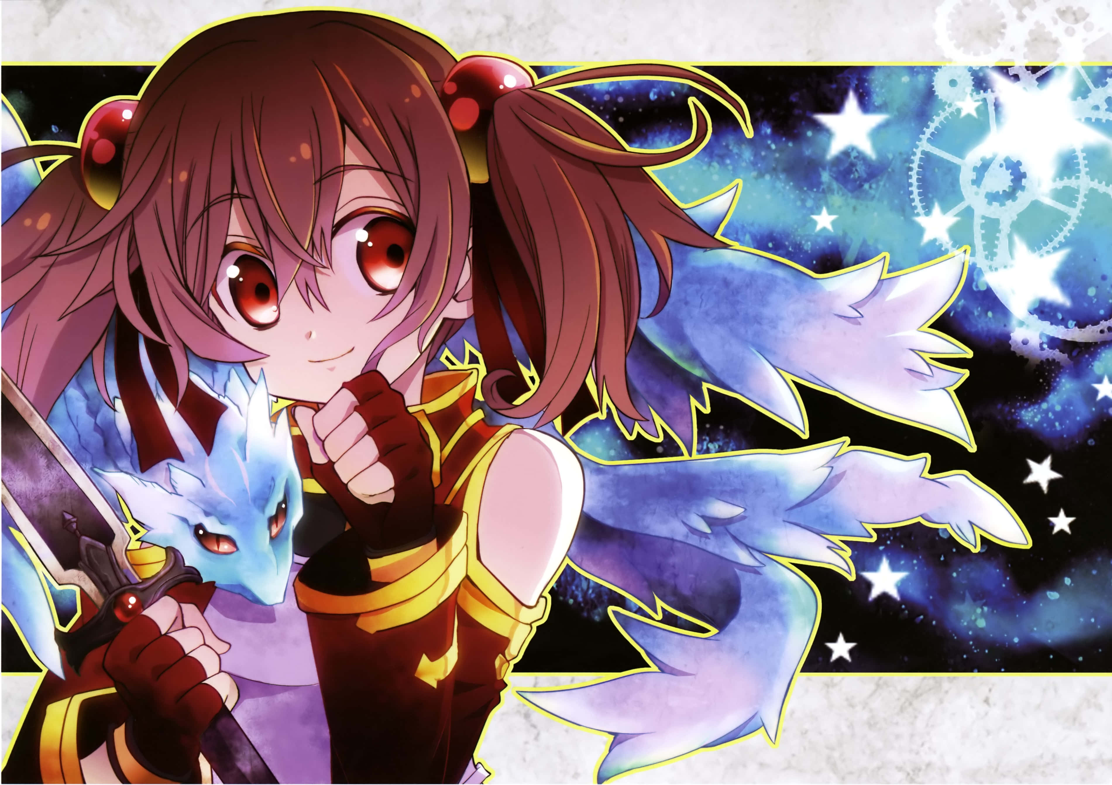 Sword Art Online Silica 桌布 壁紙 — 紅眼棕色雙馬尾的動漫女孩在星光宇宙背景前，伴隨著發光齒輪，在藍龍旁邊揮舞著劍。