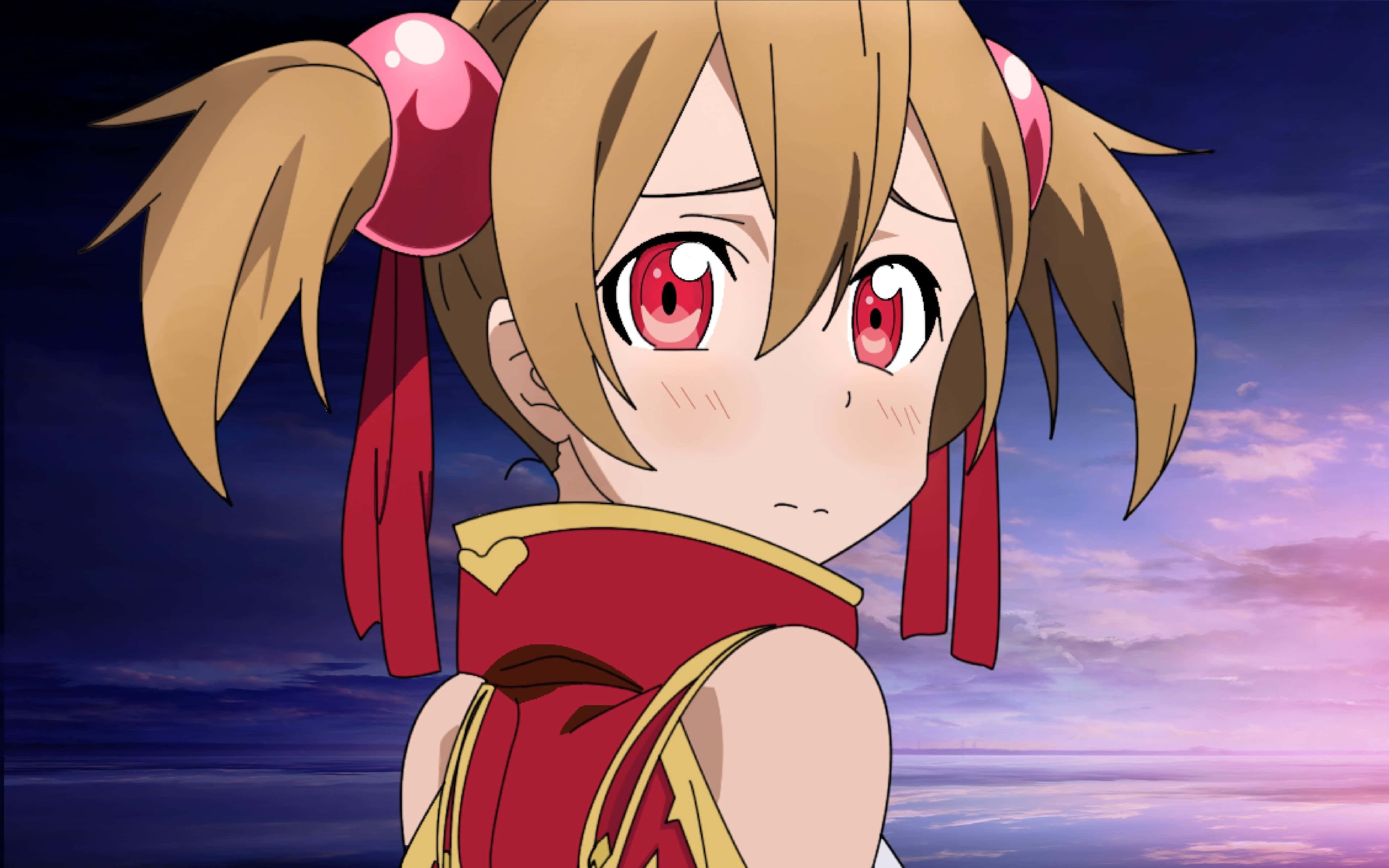 Sword Art Online Silica 桌布 壁紙 — 紅眼雙馬尾動漫少女在暮色天空下回頭望。
