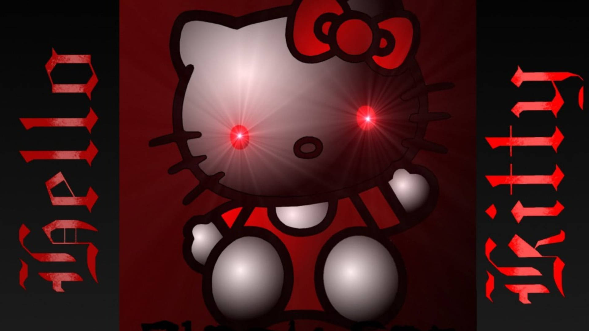 Hello Kitty 帶有發光紅眼和哥德式文字，在深紅色恐怖主題中。