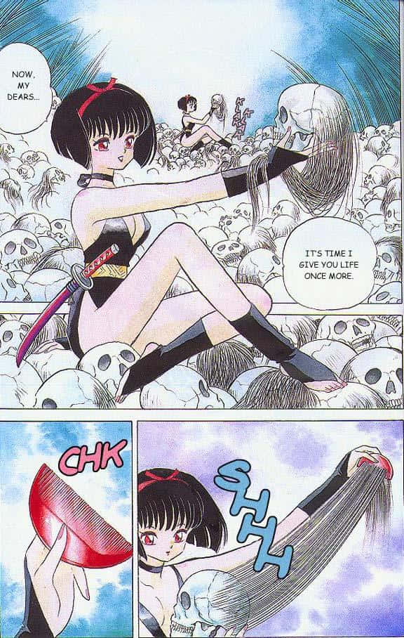 Inuyasha Yura 桌布 壁紙 — 紅眼黑髮的動漫女孩坐在骷髏上，抓著一個骷髏的頭髮，準備用紅色梳子復活它。
