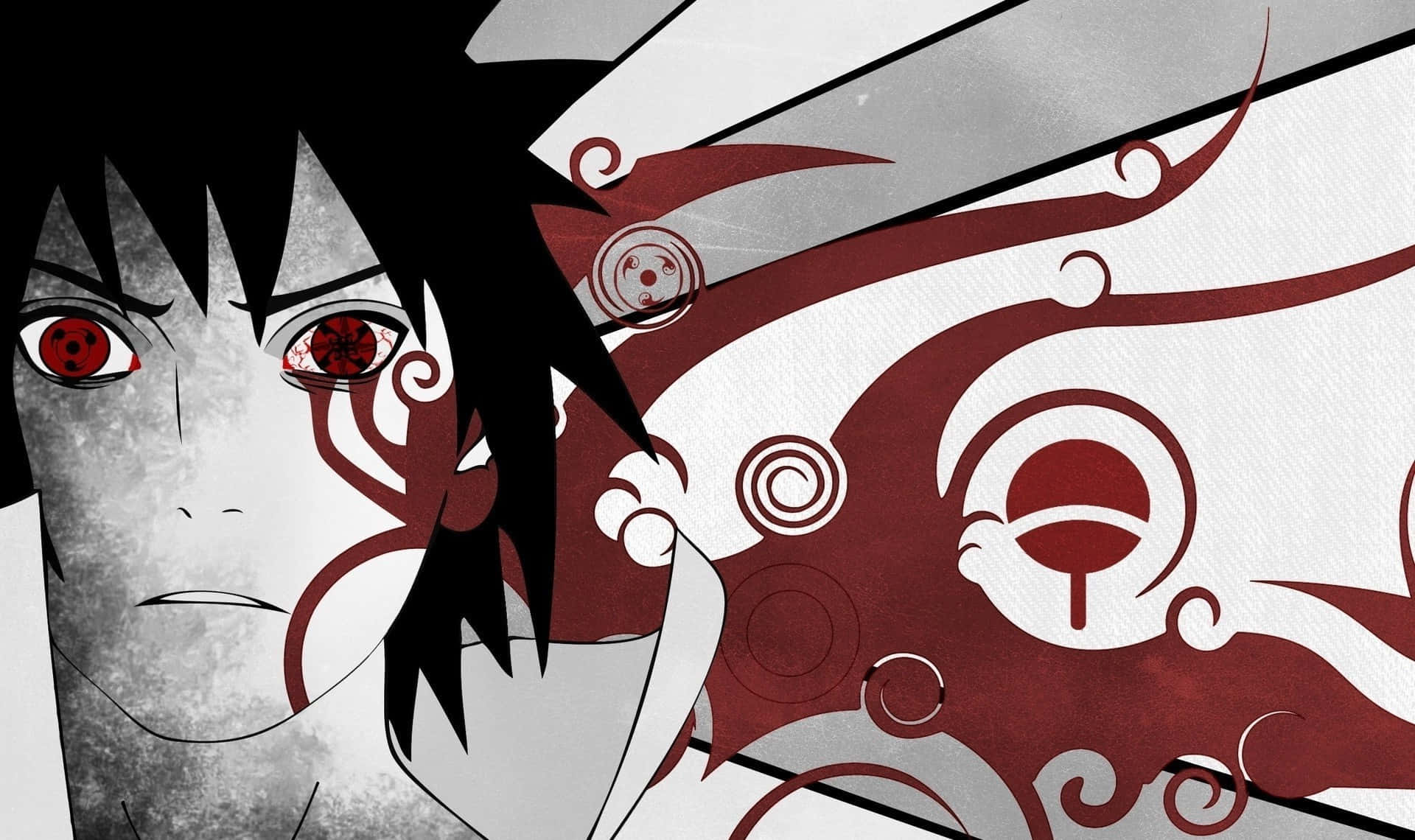 Mangekyou Sharingan 桌布 壁紙 — 紅眼黑髮的動漫角色，背景是旋轉的紅白抽象圖案。