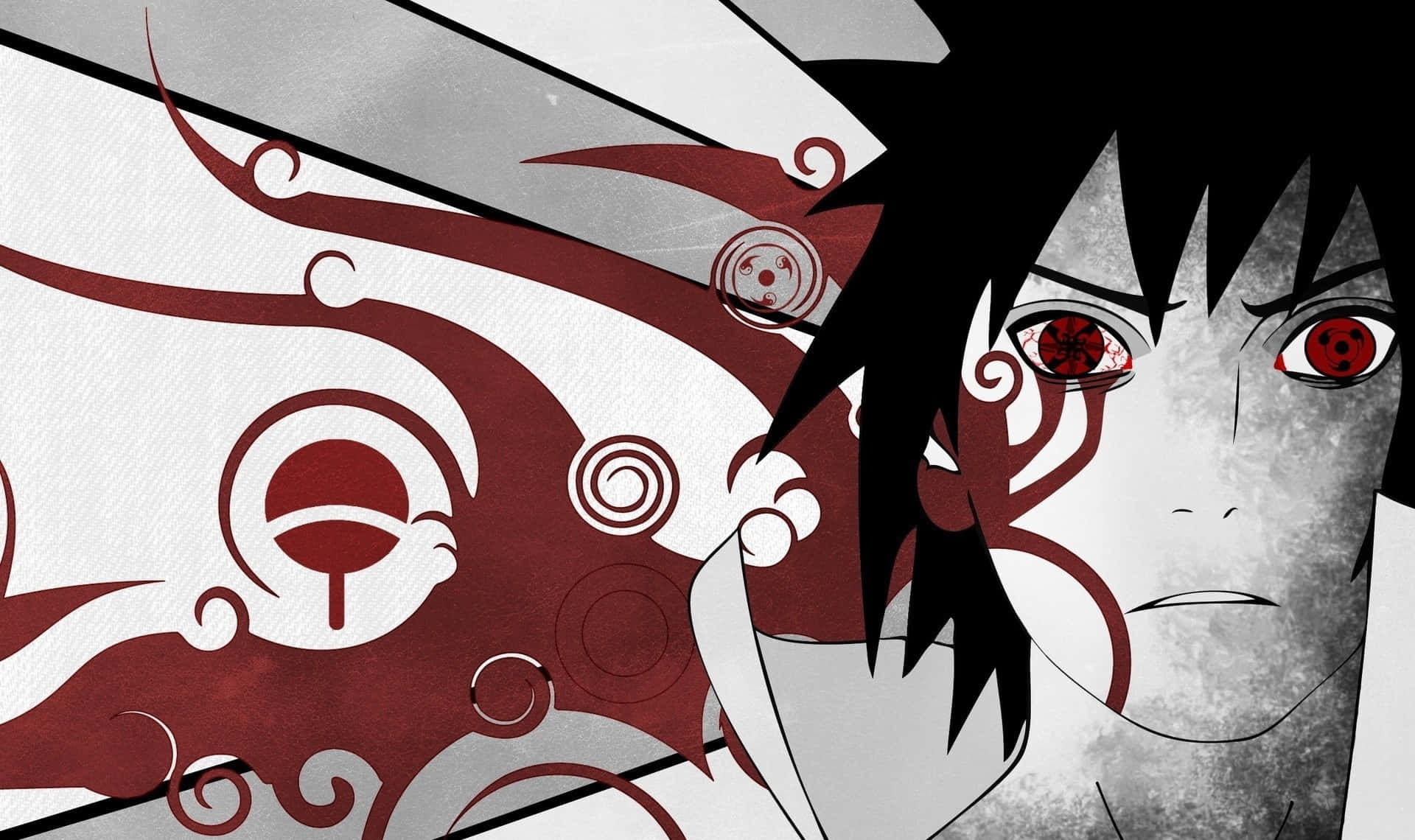 Mangekyou Sharingan 桌布 壁紙 — 紅眼黑髮的動漫角色，背景是旋轉的紅色和灰色抽象圖案。