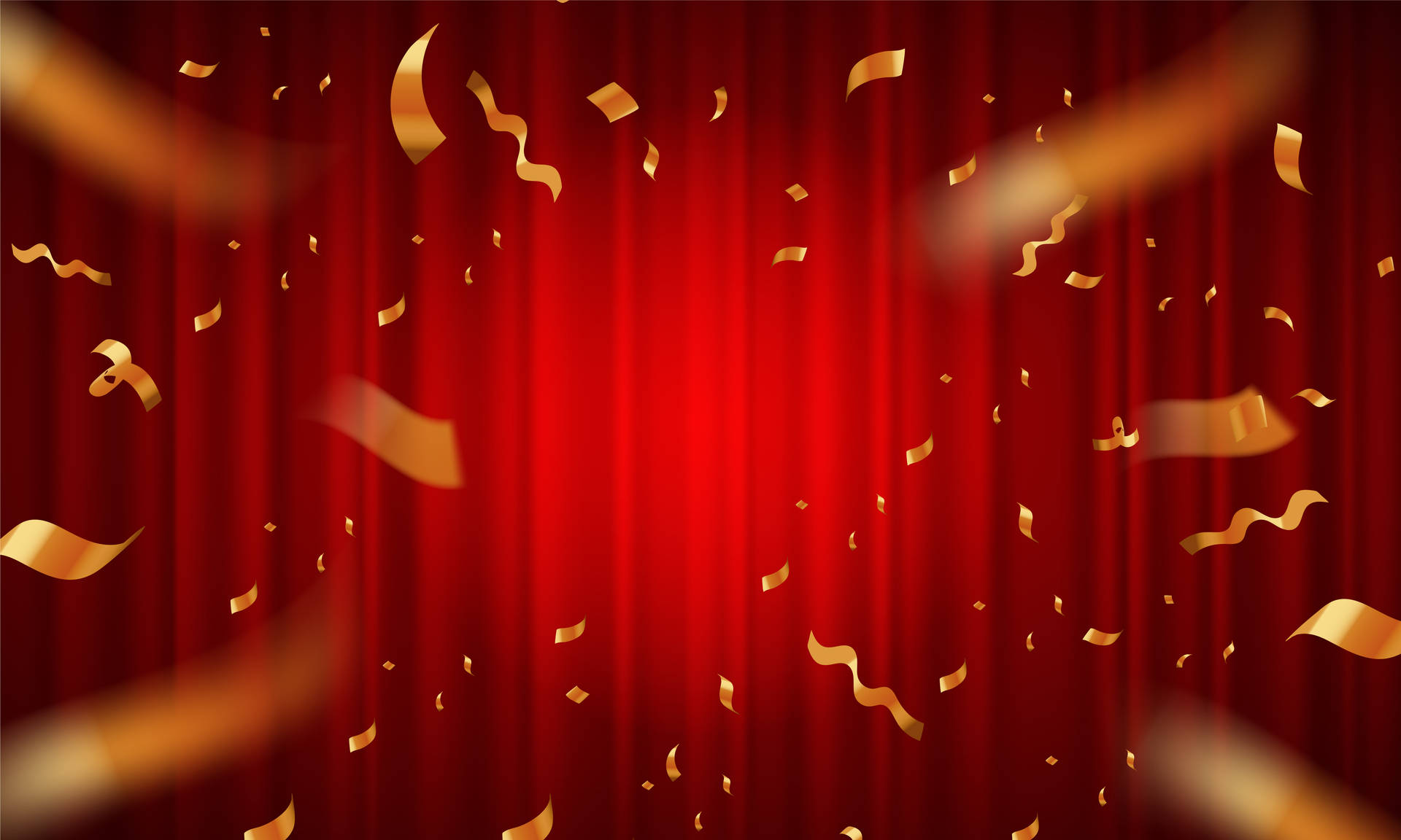 紅色窗簾搭配飄落的金色紙屑，適合慶祝活動