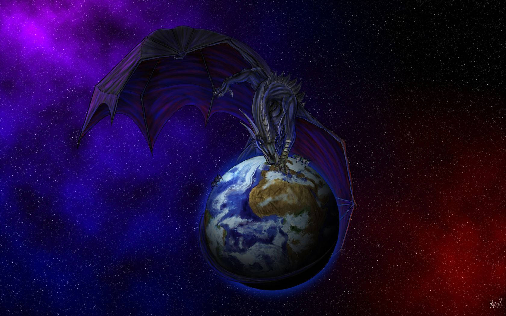 紅紫地龍 壁紙 — 一隻暗翼龍棲息在發光的地球上，背景是充滿紫色和紅色星星的宇宙星雲。