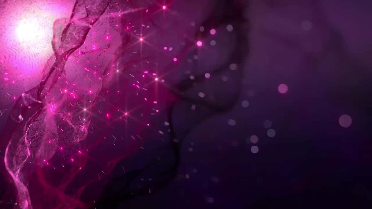紅紫背景上的發光閃爍點 壁紙 — 充滿活力的粉紅色宇宙能量在黑暗的太空中流動，伴隨著閃爍的粒子和發光散景燈光。