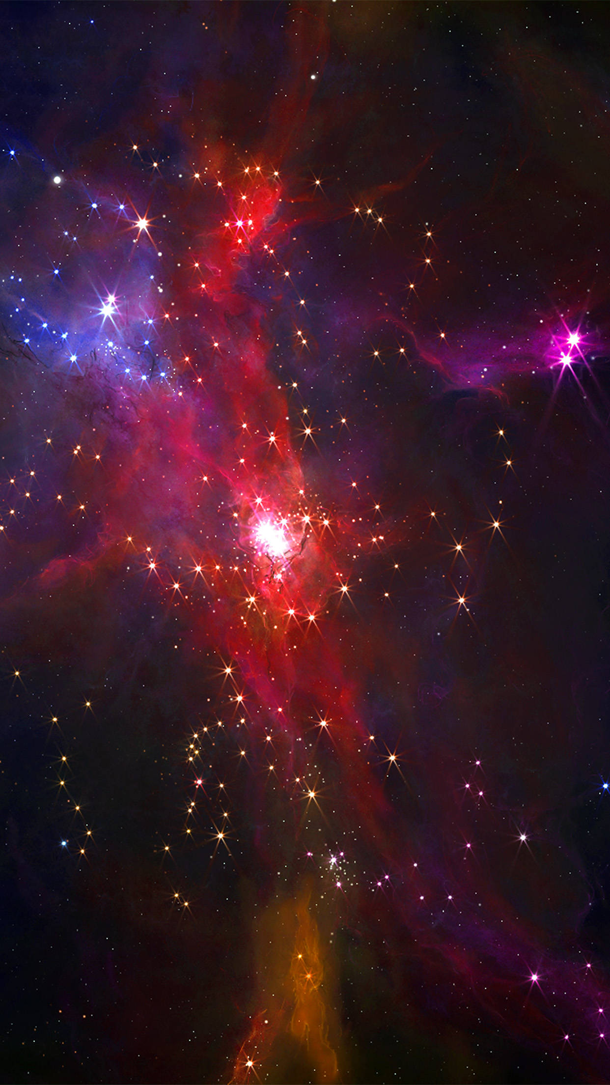 紅紫色星系 壁紙 — 充滿活力的宇宙星雲，發光的紅色、紫色和藍色雲團在黑暗虛空中圍繞著燦爛恆星旋轉。