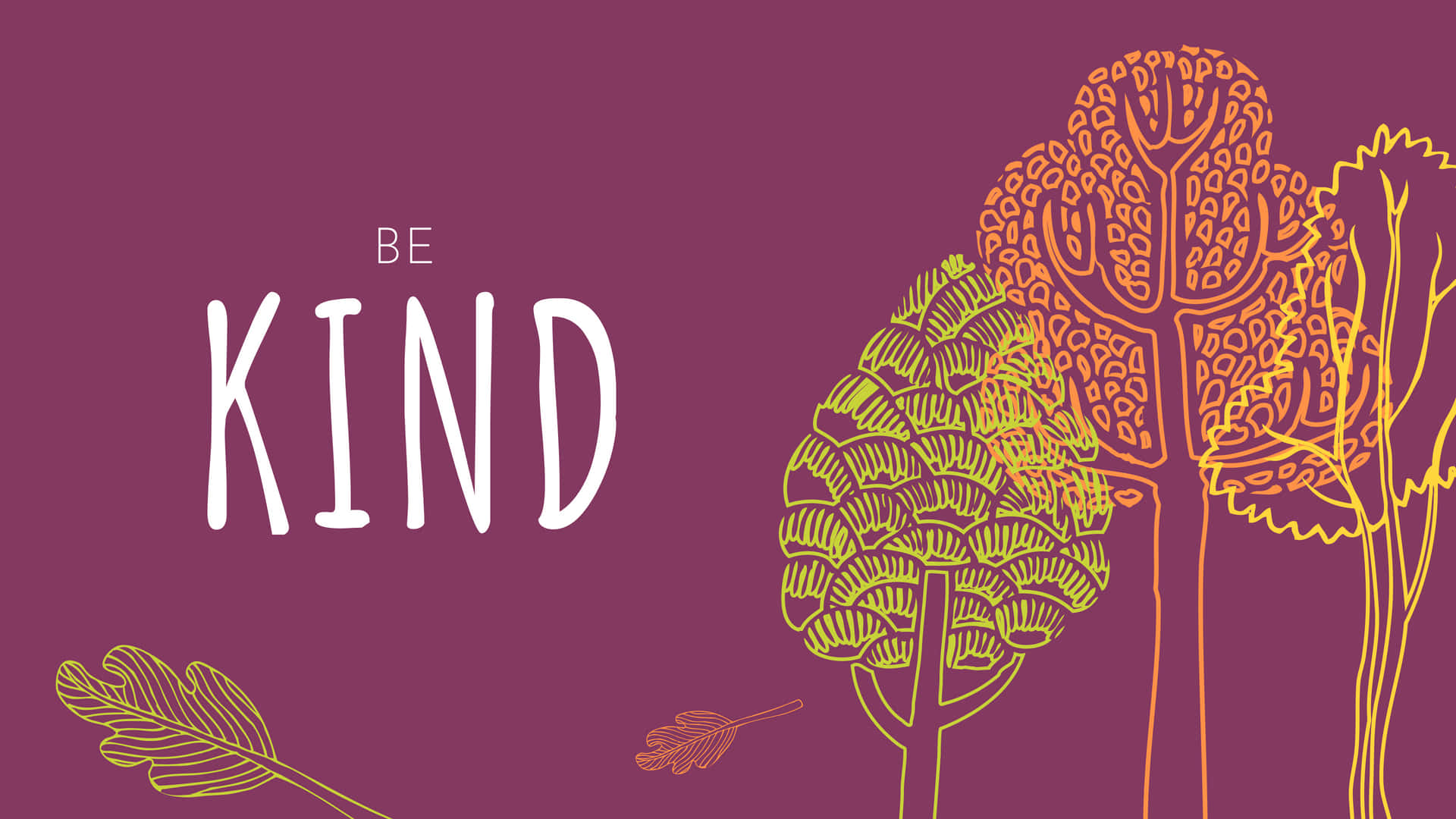 紫色背景上帶有「BE KIND」文字和風格化樹木的勵志圖形