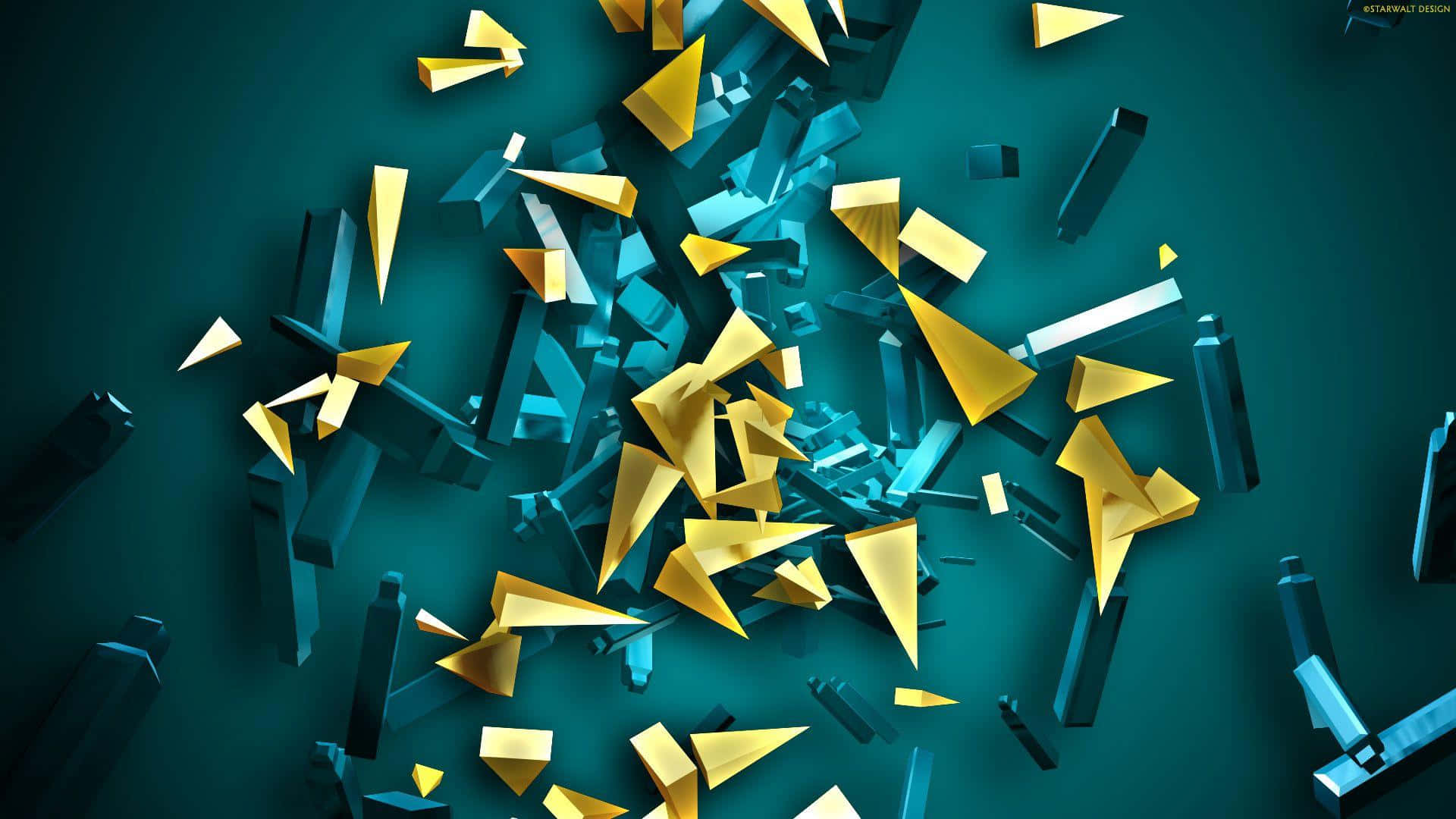 在數碼抽象構圖中漂浮的金色和藍綠色幾何形狀。