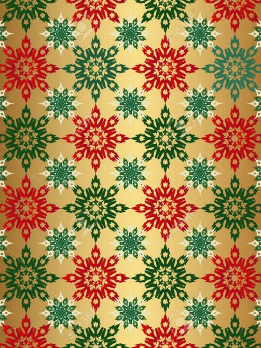 金色背景上紅綠雪花節日圖案