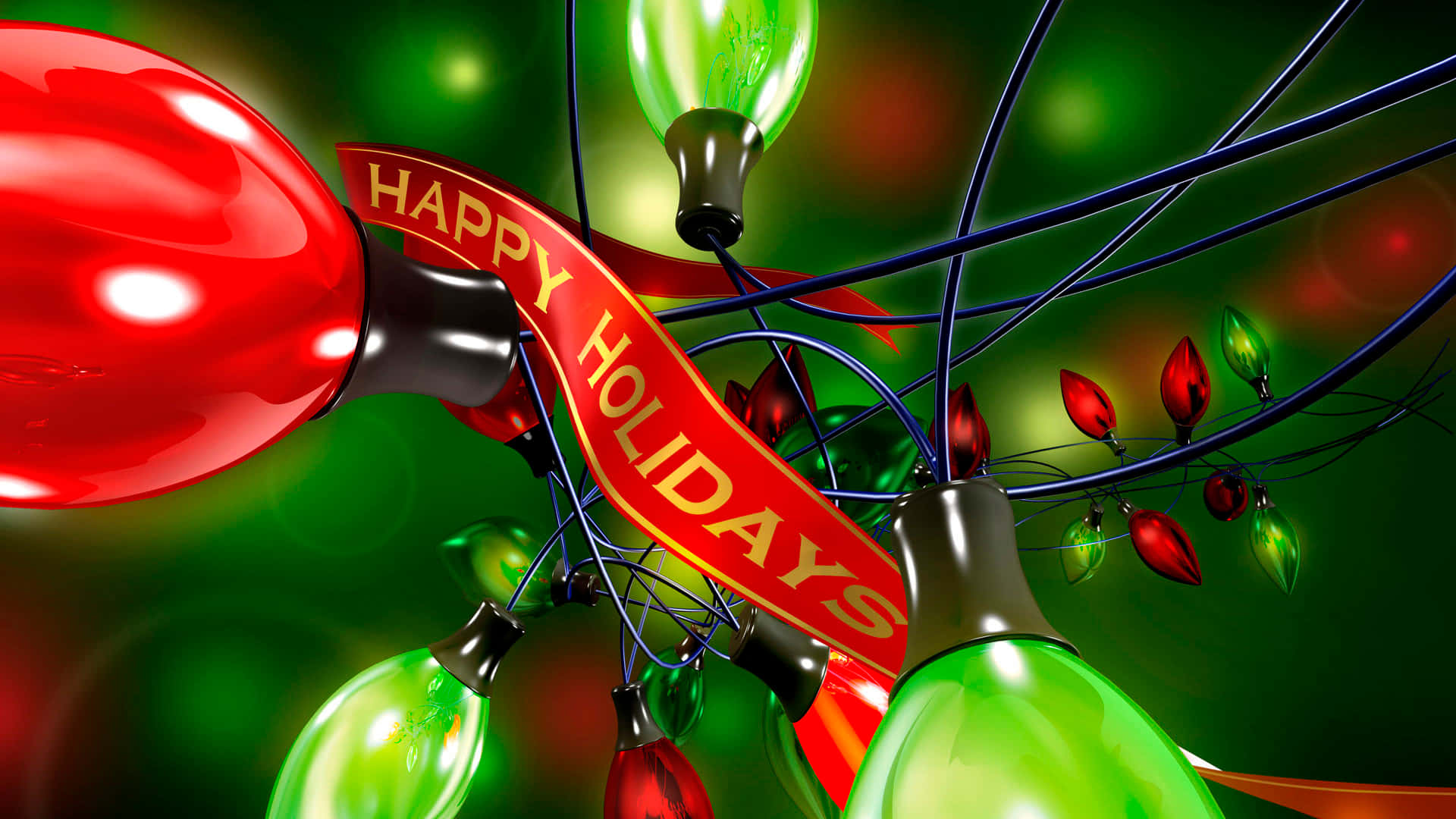 帶有「HAPPY HOLIDAYS」絲帶的節日紅色和綠色節日燈飾。