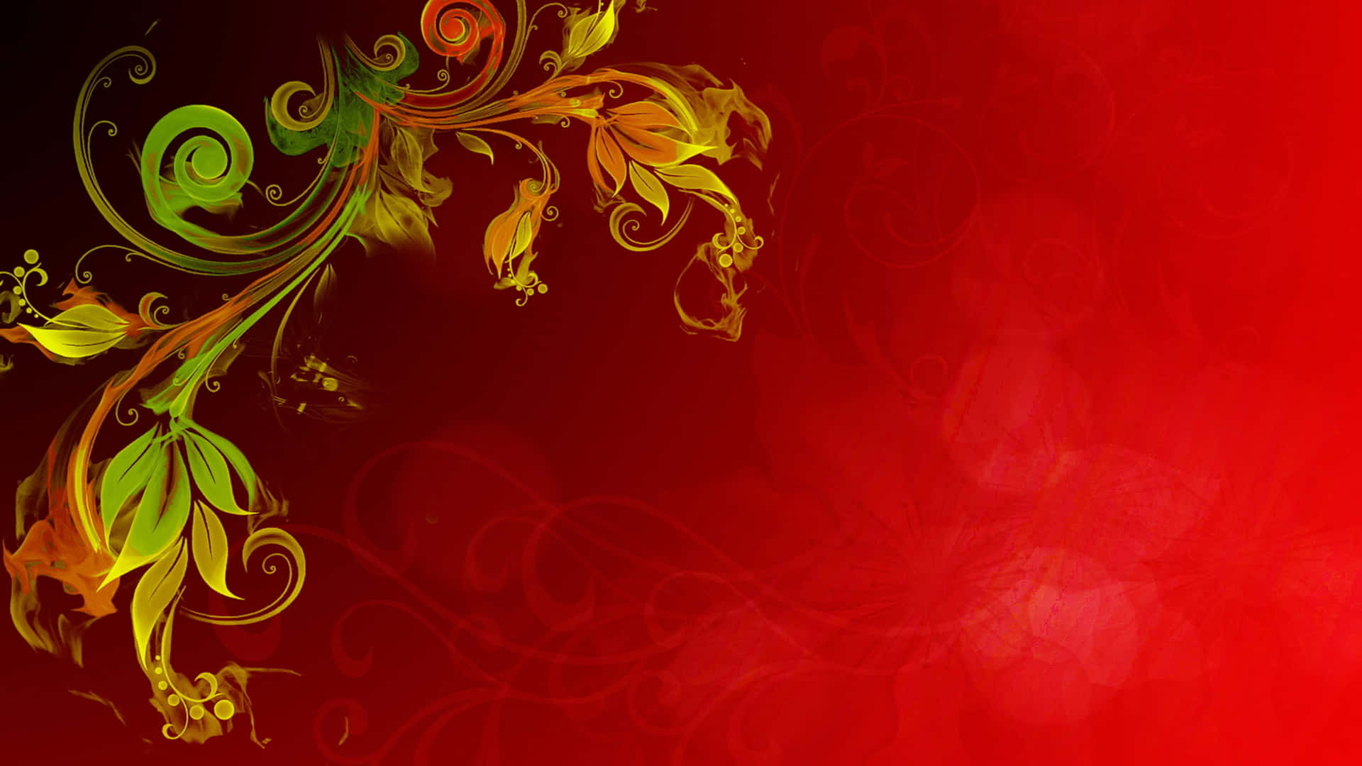 紅綠花卉風景背景 壁紙 — 充滿活力的綠色和金色漩渦花卉藤蔓從角落綻放，背景是豐富的紅色漸變。