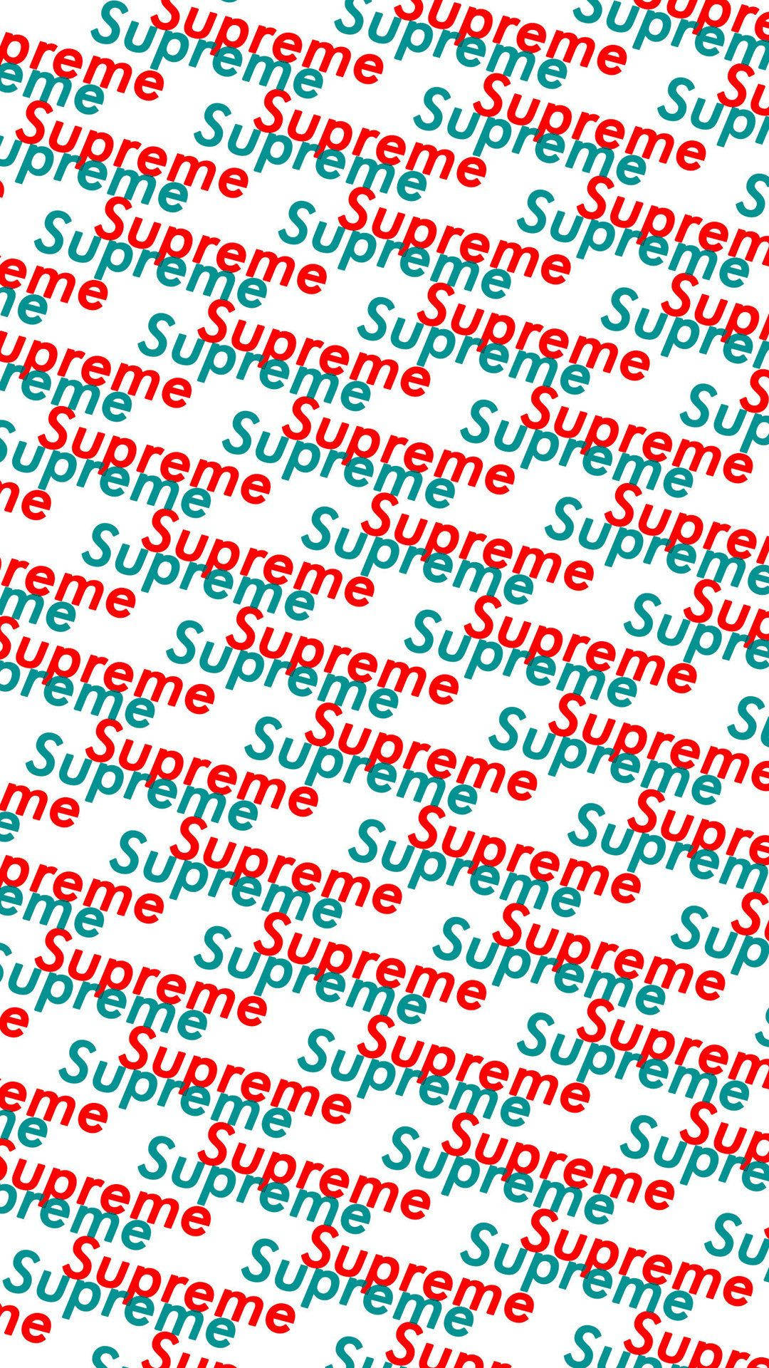 紅與青綠 Supreme 壁紙 — 白色背景上重複的紅色和藍綠色「Supreme」標誌斜向疊加圖案。