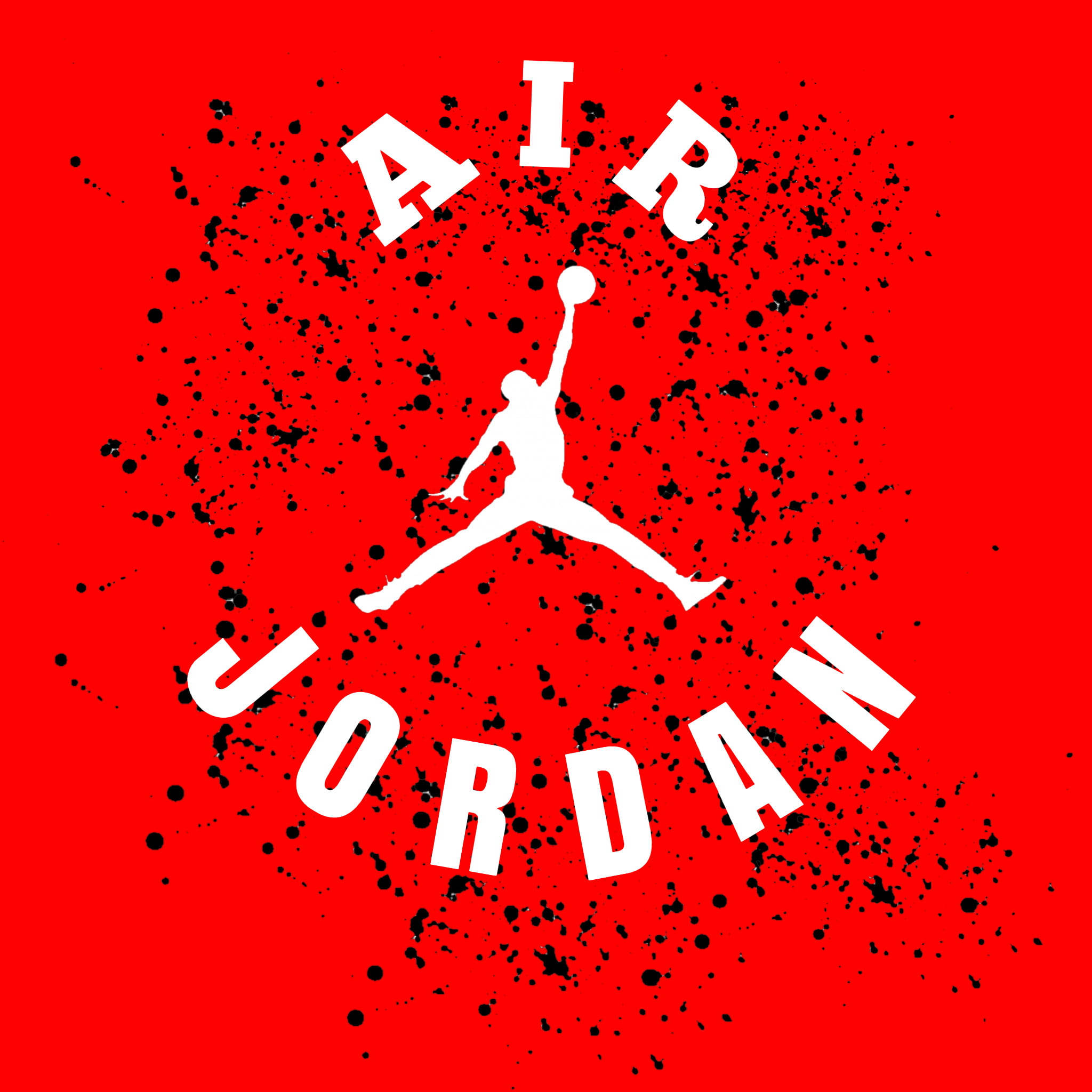 紅色 Air Jordan 標誌 壁紙 — 大膽的白色 Air Jordan 標誌，帶有跳躍剪影和黑色潑濺，背景為鮮豔的紅色。